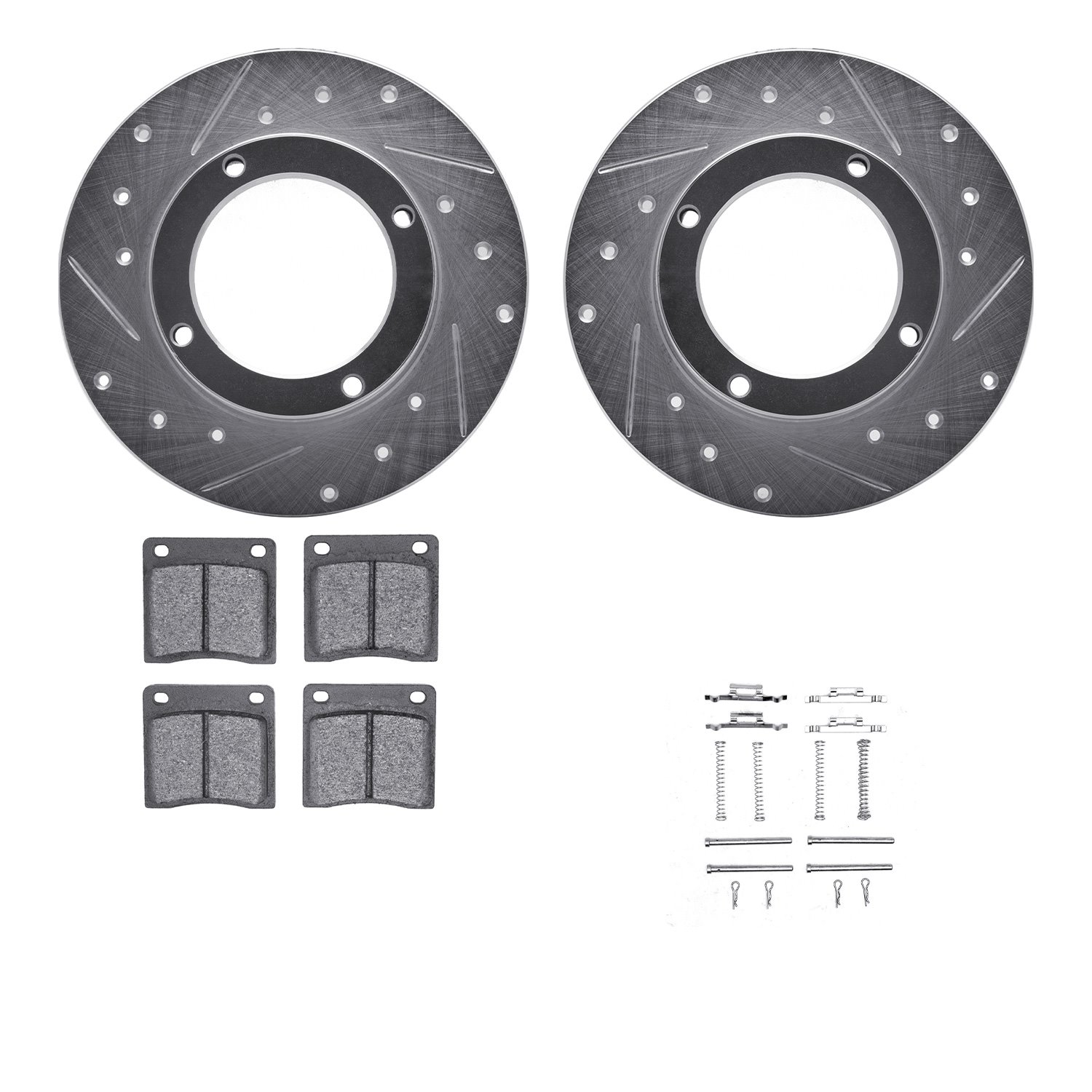 7512-59093 Drilled/Slotted Brake Rotors w/5000 Advanced Brake Pads Kit & Hardware [Silver], 1973-1974 Acura/Honda, Position: Fro