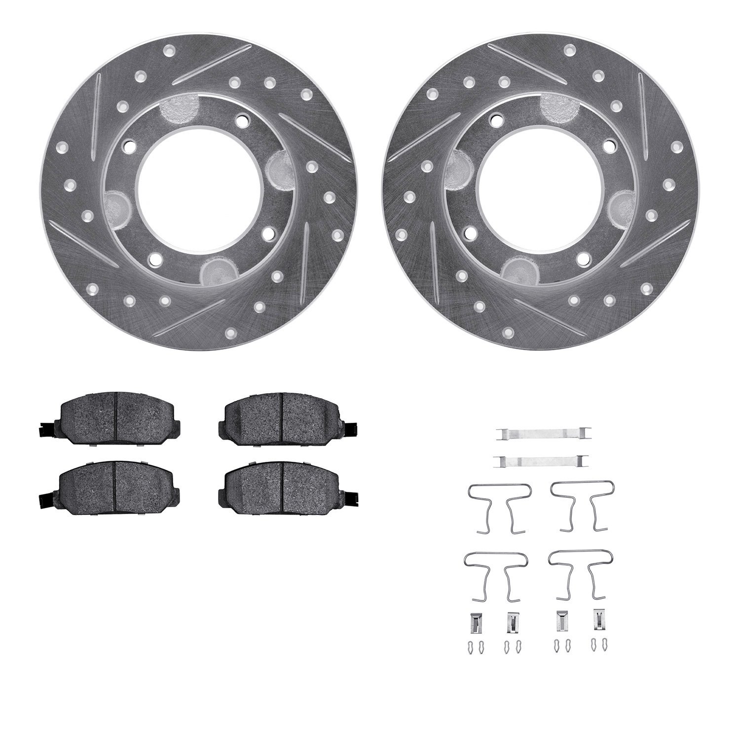 7512-59104 Drilled/Slotted Brake Rotors w/5000 Advanced Brake Pads Kit & Hardware [Silver], 1976-1981 Acura/Honda, Position: Fro
