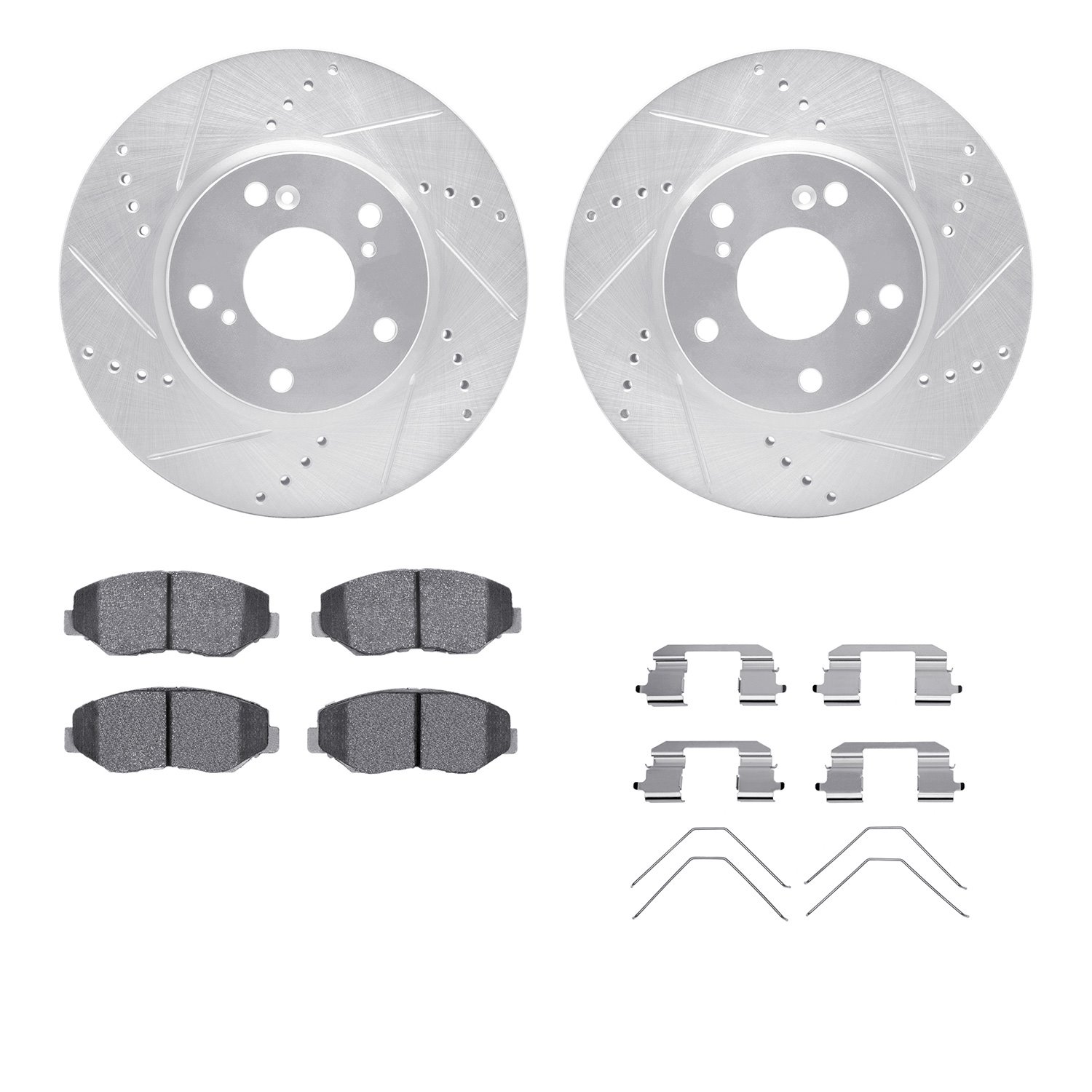 7512-59106 Drilled/Slotted Brake Rotors w/5000 Advanced Brake Pads Kit & Hardware [Silver], 2016-2021 Acura/Honda, Position: Fro