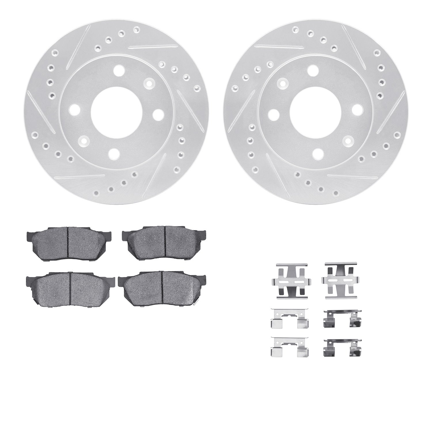 7512-59107 Drilled/Slotted Brake Rotors w/5000 Advanced Brake Pads Kit & Hardware [Silver], 1983-1987 Acura/Honda, Position: Fro