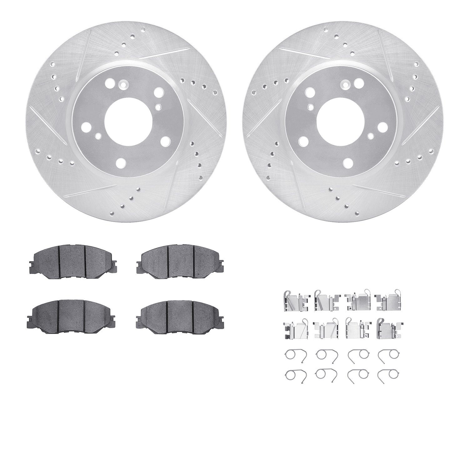 7512-59113 Drilled/Slotted Brake Rotors w/5000 Advanced Brake Pads Kit & Hardware [Silver], Fits Select Acura/Honda, Position: F