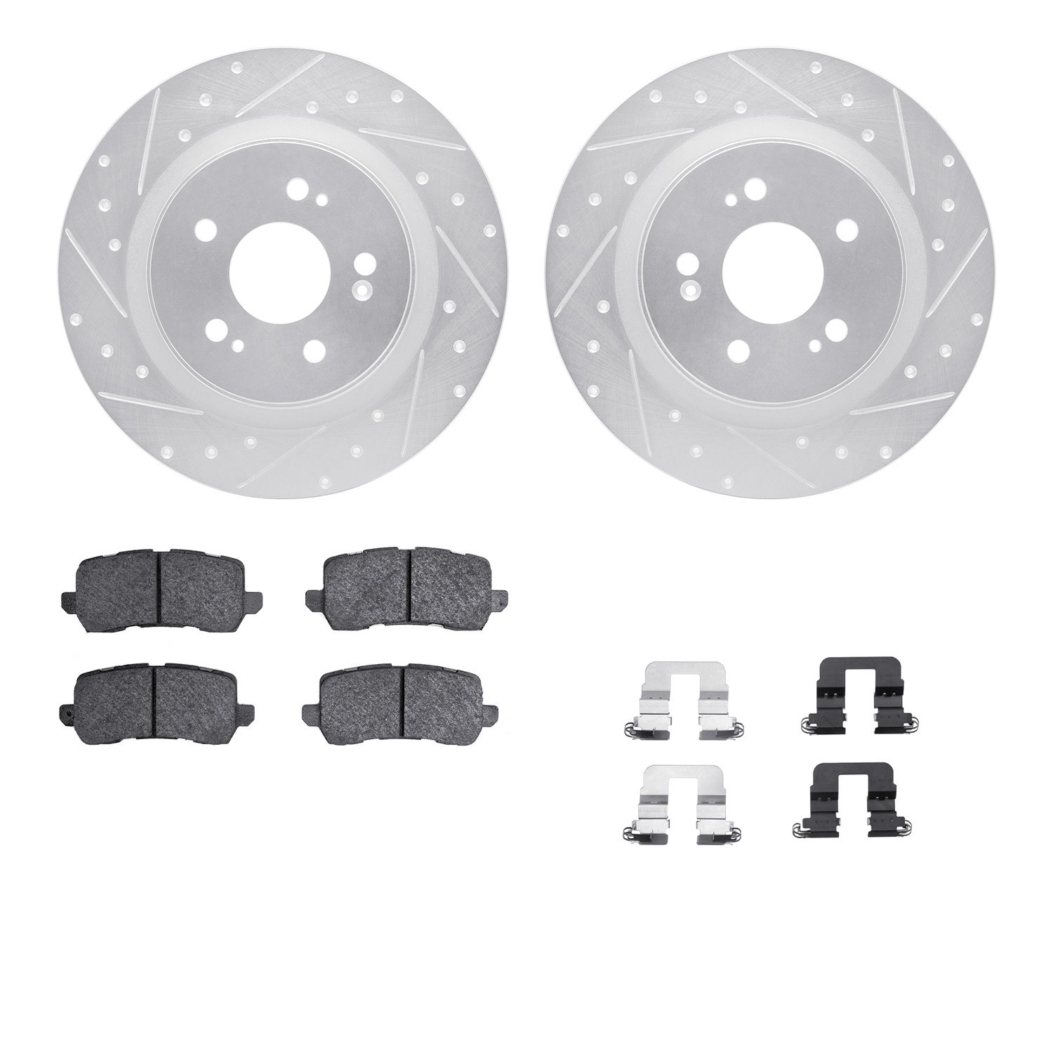 7512-59121 Drilled/Slotted Brake Rotors w/5000 Advanced Brake Pads Kit & Hardware [Silver], Fits Select Acura/Honda, Position: R