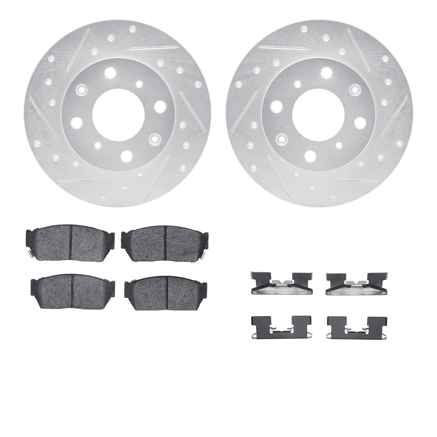 7512-59138 Drilled/Slotted Brake Rotors w/5000 Advanced Brake Pads Kit & Hardware [Silver], 1984-1987 Acura/Honda, Position: Fro