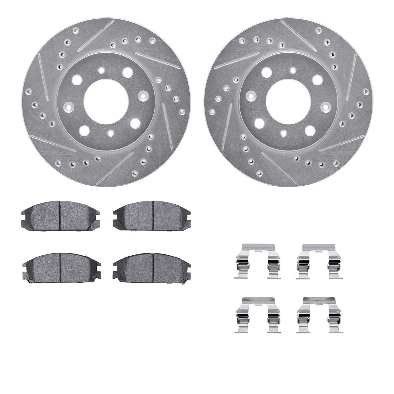 7512-59149 Drilled/Slotted Brake Rotors w/5000 Advanced Brake Pads Kit & Hardware [Silver], 1985-1989 Acura/Honda, Position: Fro
