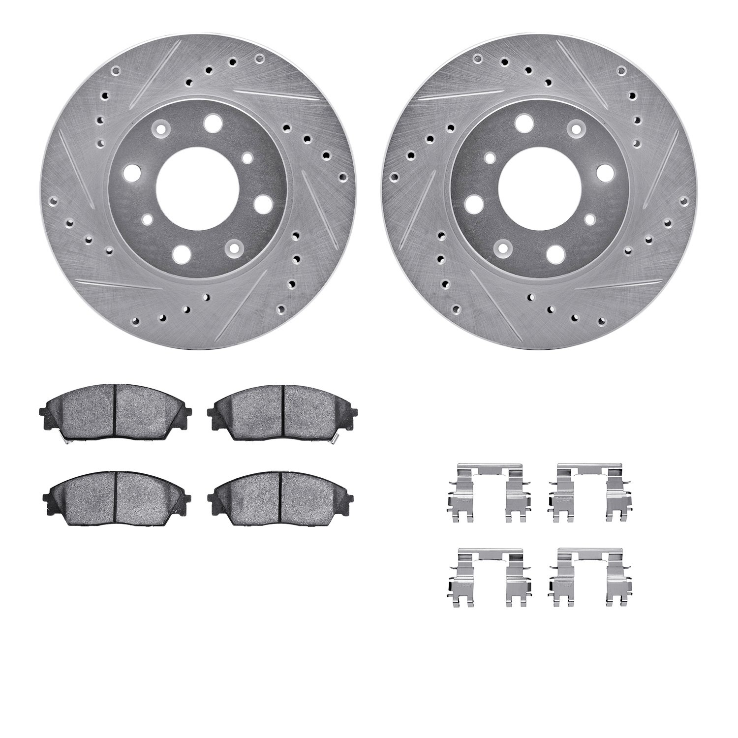 7512-59159 Drilled/Slotted Brake Rotors w/5000 Advanced Brake Pads Kit & Hardware [Silver], 1988-1991 Acura/Honda, Position: Fro