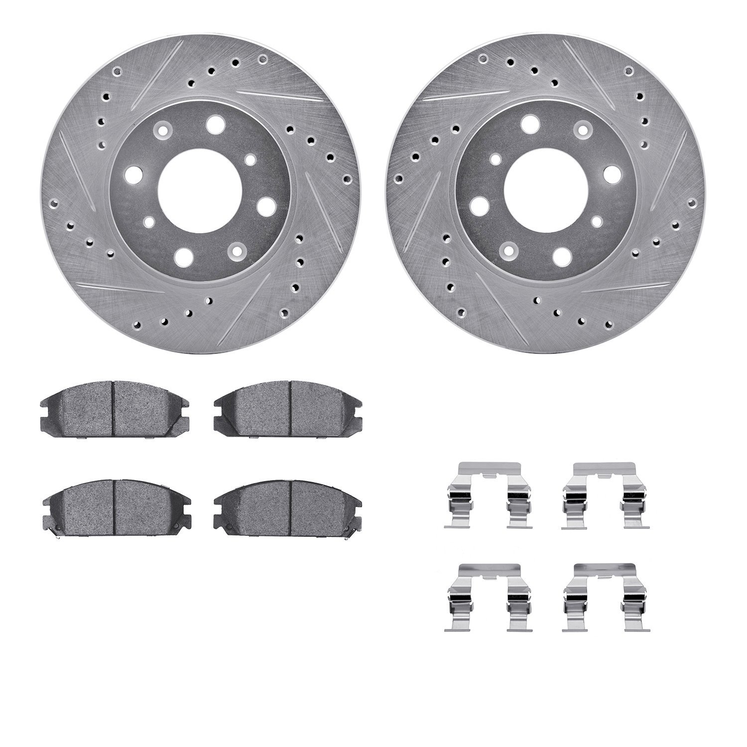 7512-59162 Drilled/Slotted Brake Rotors w/5000 Advanced Brake Pads Kit & Hardware [Silver], 1986-1989 Acura/Honda, Position: Fro