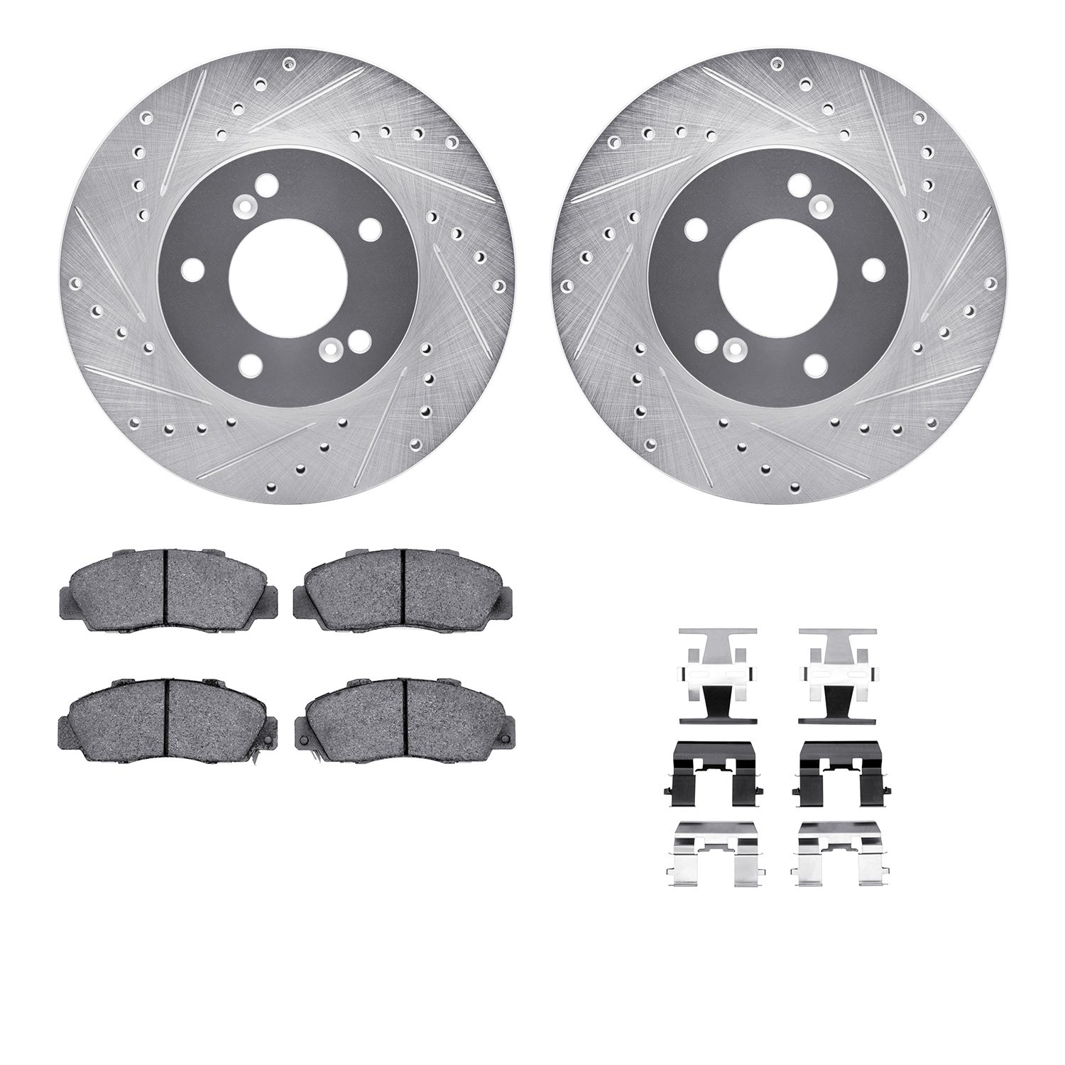 7512-59313 Drilled/Slotted Brake Rotors w/5000 Advanced Brake Pads Kit & Hardware [Silver], 1997-2001 Acura/Honda, Position: Fro