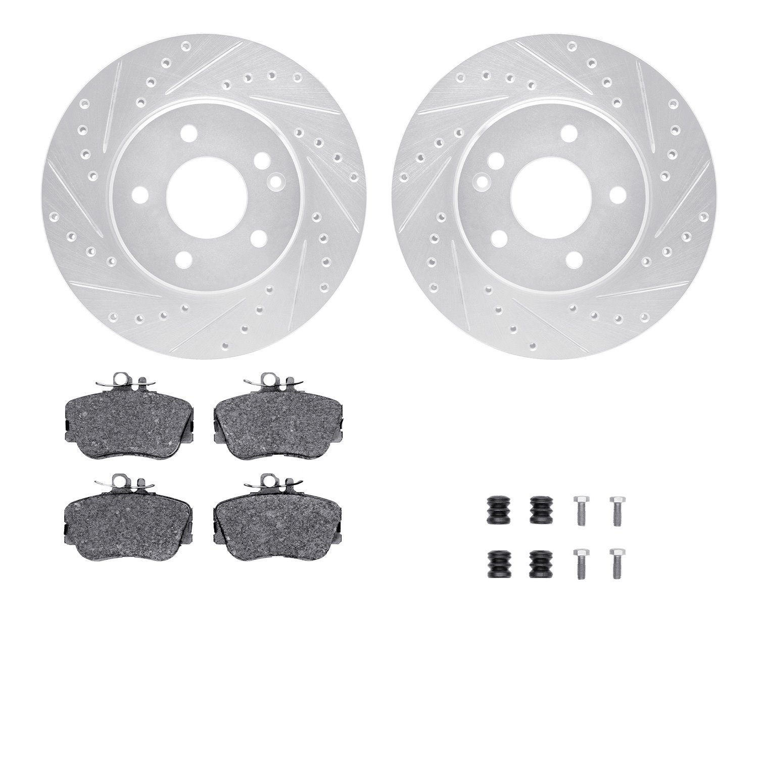 7512-63000 Drilled/Slotted Brake Rotors w/5000 Advanced Brake Pads Kit & Hardware [Silver], 1994-1997 Mercedes-Benz, Position: F