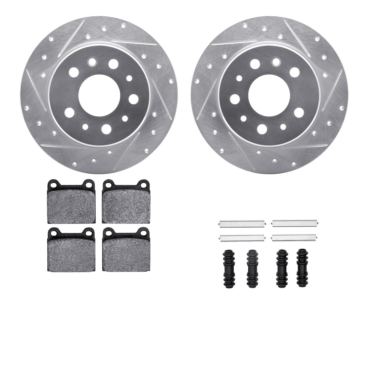 7512-63008 Drilled/Slotted Brake Rotors w/5000 Advanced Brake Pads Kit & Hardware [Silver], 1967-1991 Mercedes-Benz, Position: R