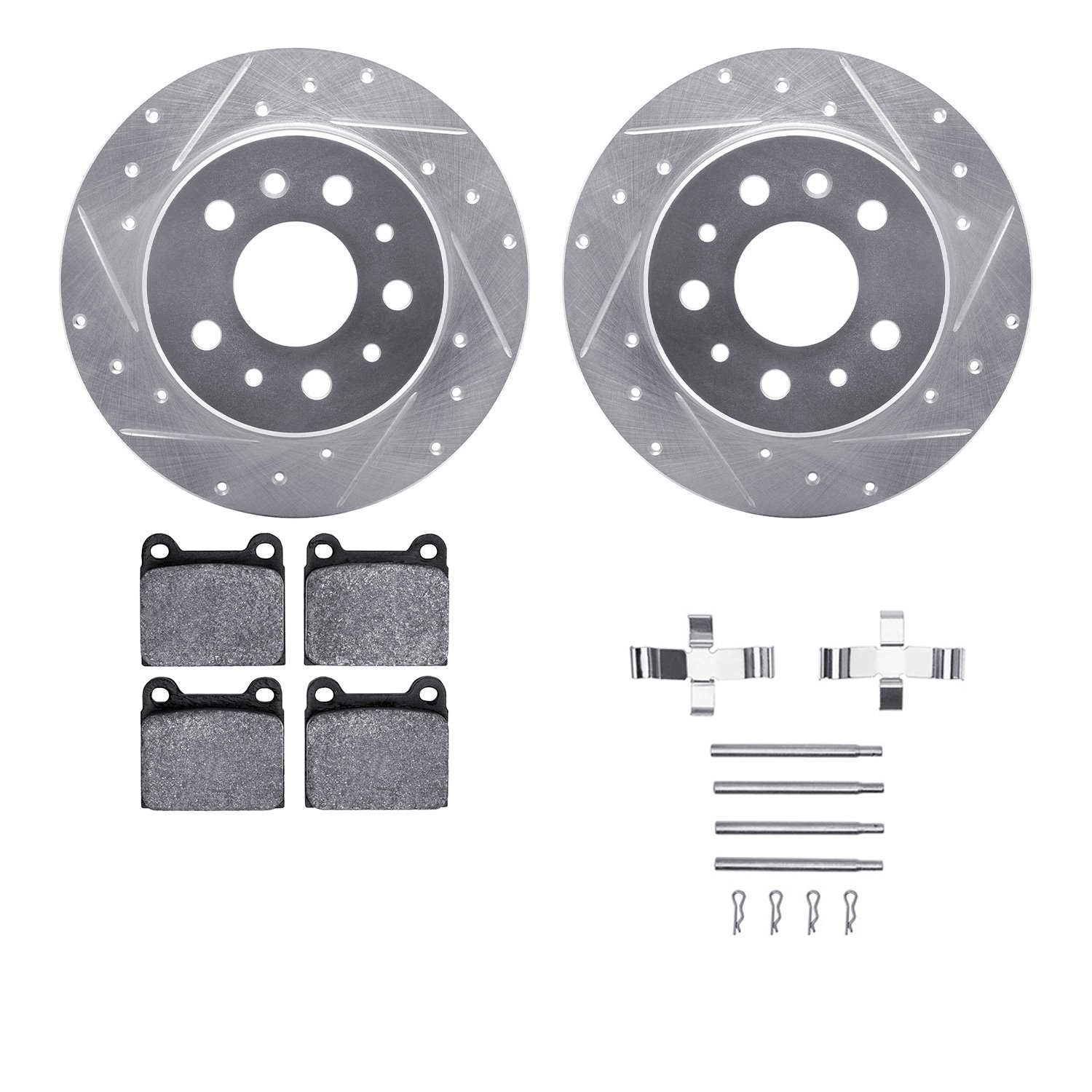 7512-63009 Drilled/Slotted Brake Rotors w/5000 Advanced Brake Pads Kit & Hardware [Silver], 1967-1991 Mercedes-Benz, Position: R