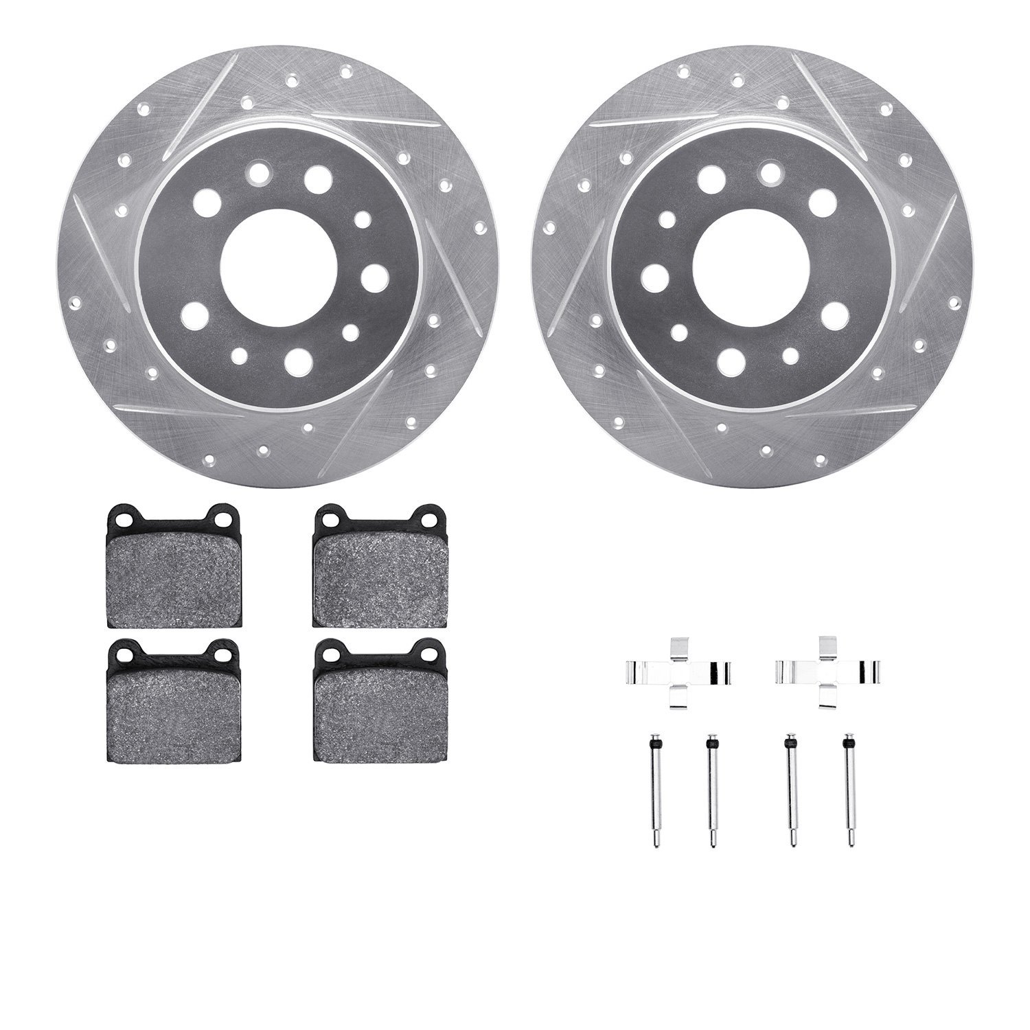 7512-63010 Drilled/Slotted Brake Rotors w/5000 Advanced Brake Pads Kit & Hardware [Silver], 1961-1991 Mercedes-Benz, Position: R