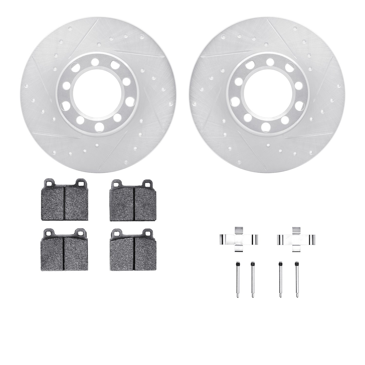 7512-63014 Drilled/Slotted Brake Rotors w/5000 Advanced Brake Pads Kit & Hardware [Silver], 1968-1976 Mercedes-Benz, Position: F