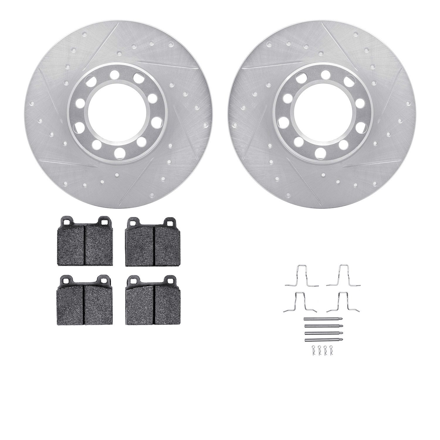 7512-63015 Drilled/Slotted Brake Rotors w/5000 Advanced Brake Pads Kit & Hardware [Silver], 1968-1976 Mercedes-Benz, Position: F