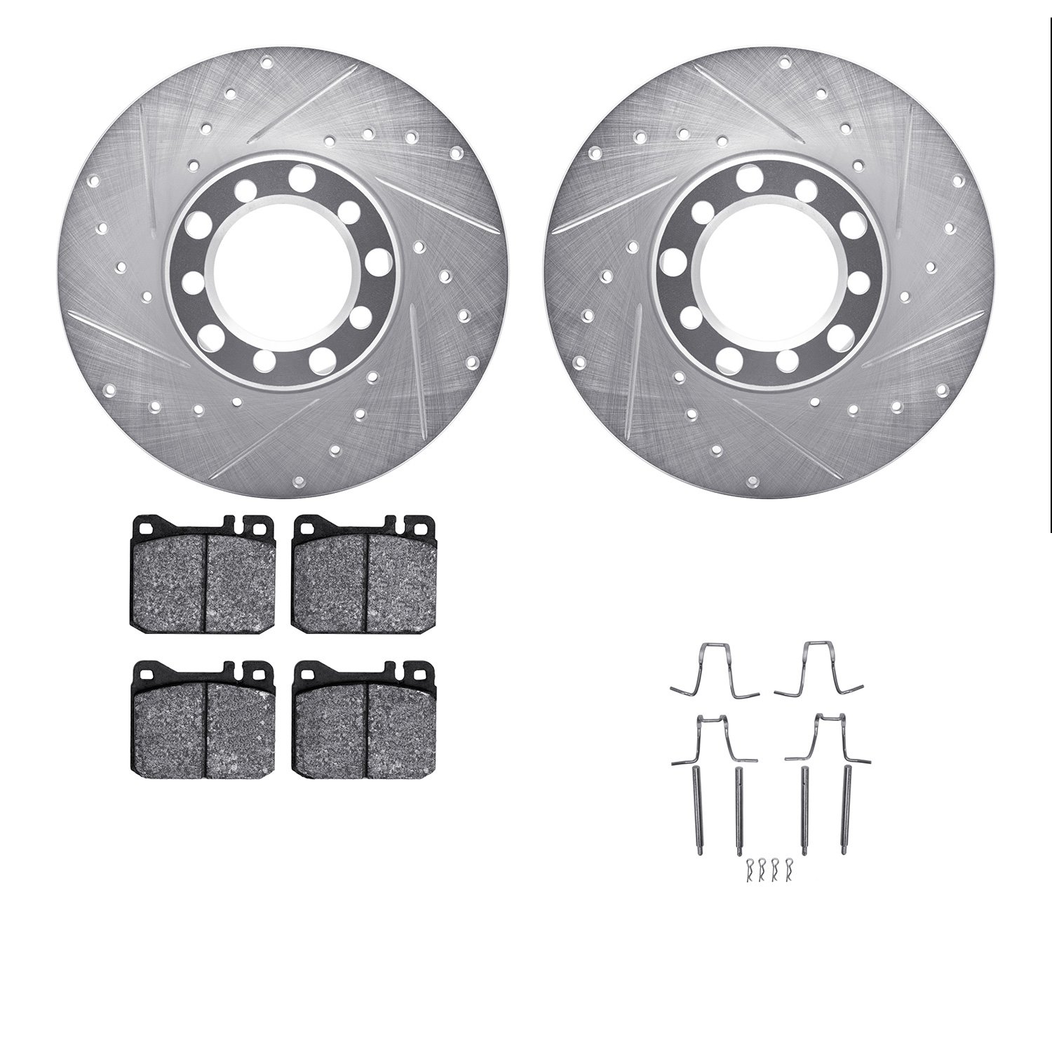 7512-63016 Drilled/Slotted Brake Rotors w/5000 Advanced Brake Pads Kit & Hardware [Silver], 1976-1979 Mercedes-Benz, Position: F