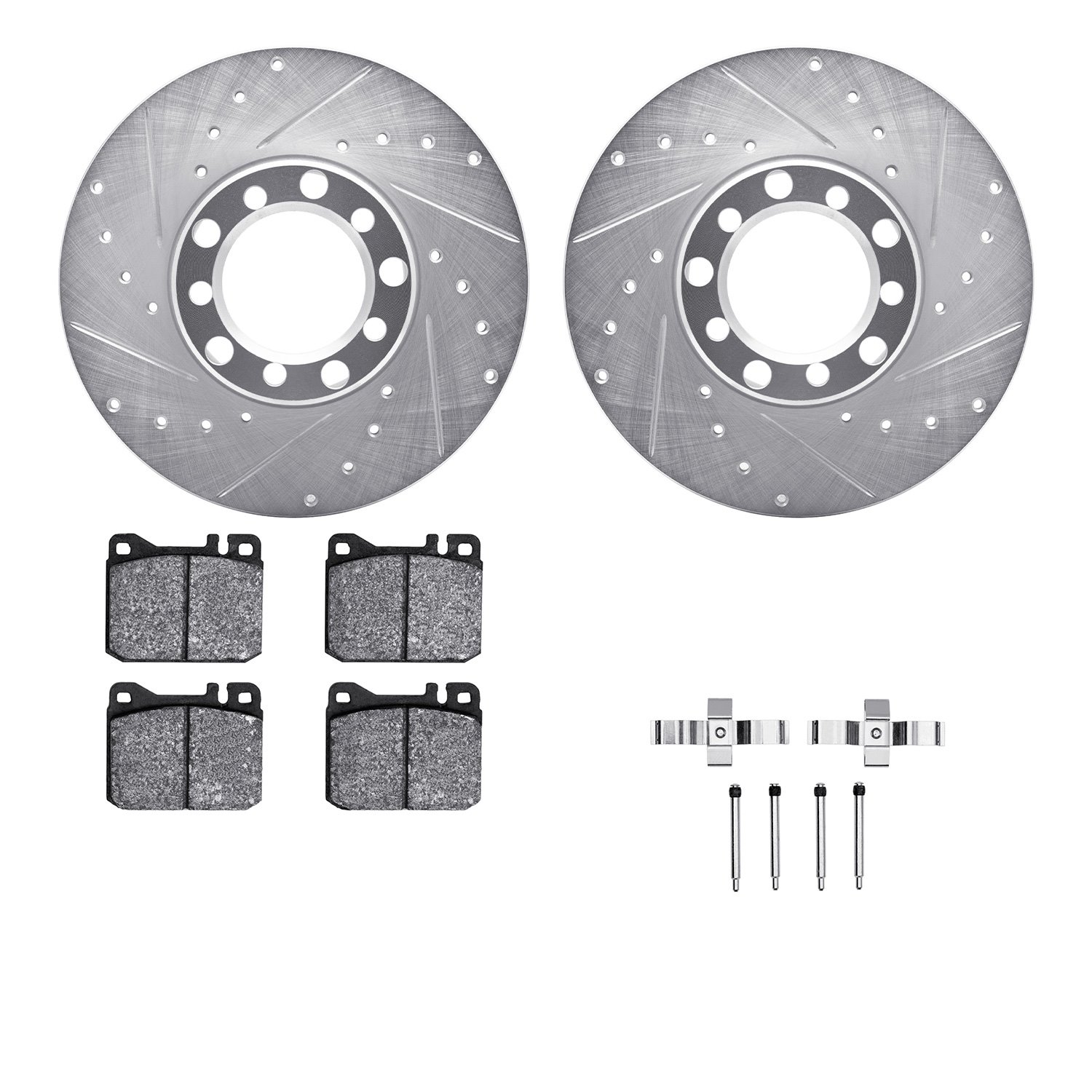 7512-63017 Drilled/Slotted Brake Rotors w/5000 Advanced Brake Pads Kit & Hardware [Silver], 1973-1979 Mercedes-Benz, Position: F
