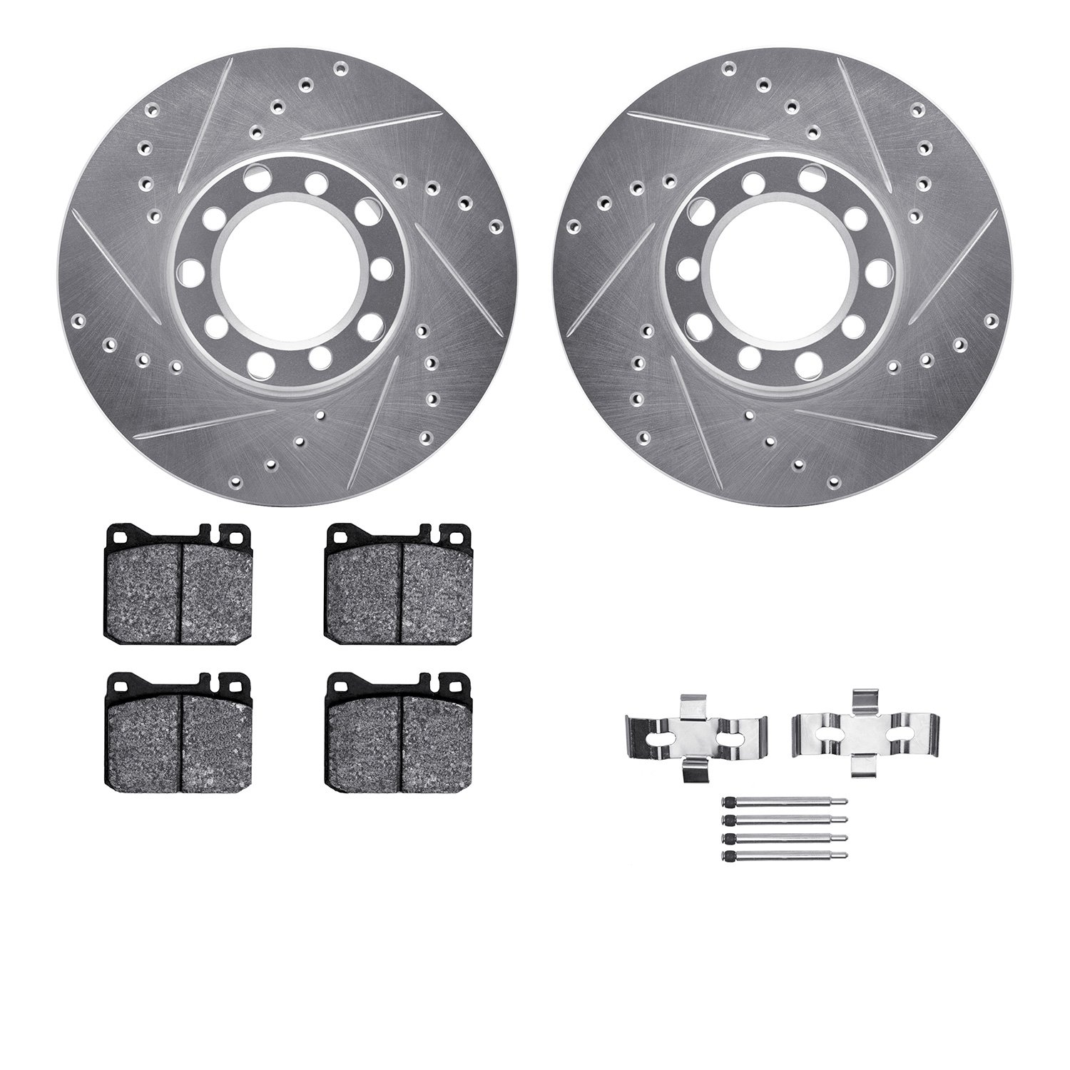 7512-63018 Drilled/Slotted Brake Rotors w/5000 Advanced Brake Pads Kit & Hardware [Silver], 1972-1979 Mercedes-Benz, Position: F