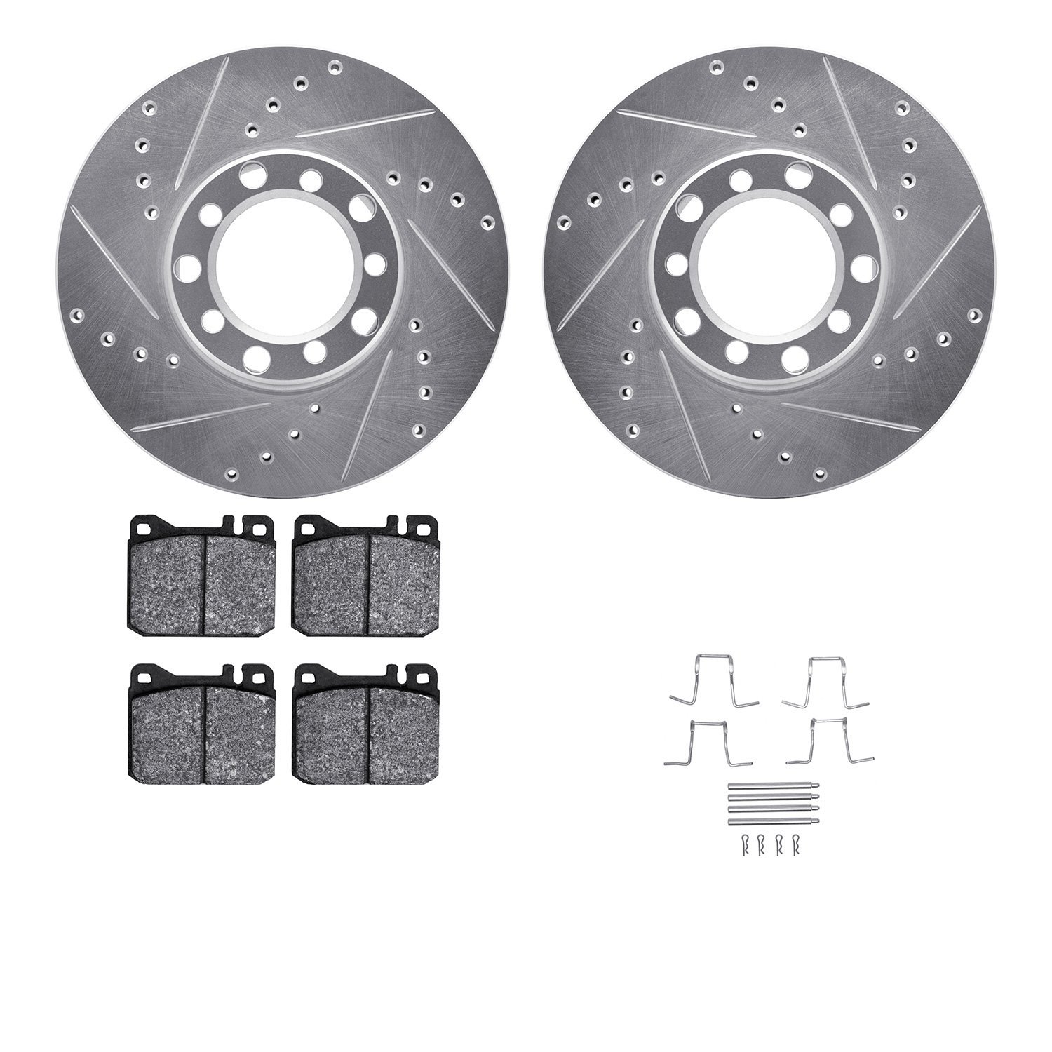 7512-63019 Drilled/Slotted Brake Rotors w/5000 Advanced Brake Pads Kit & Hardware [Silver], 1973-1979 Mercedes-Benz, Position: F