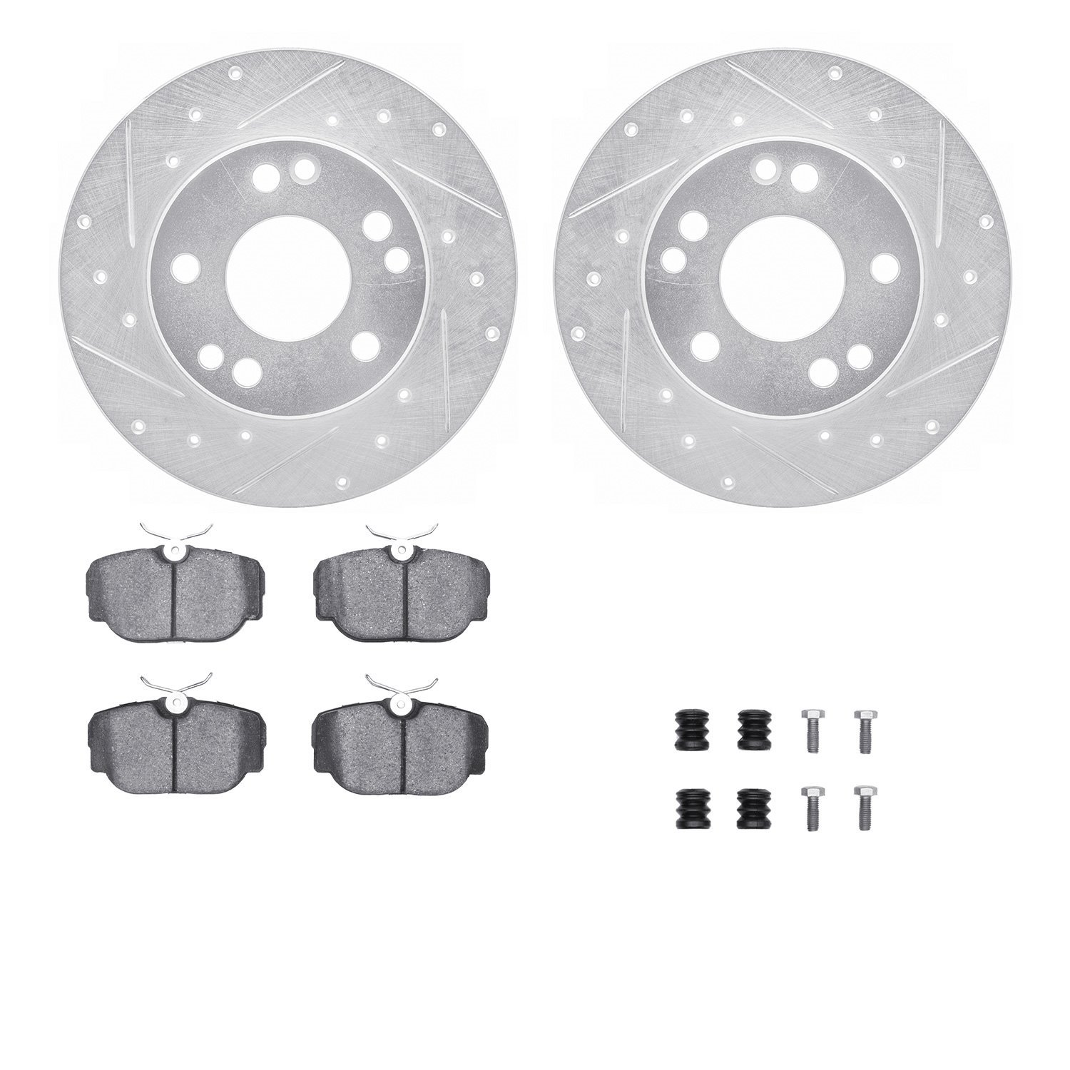 7512-63021 Drilled/Slotted Brake Rotors w/5000 Advanced Brake Pads Kit & Hardware [Silver], 1984-1989 Mercedes-Benz, Position: F