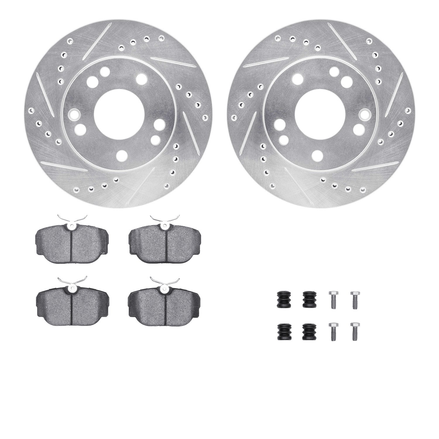 7512-63022 Drilled/Slotted Brake Rotors w/5000 Advanced Brake Pads Kit & Hardware [Silver], 1987-1987 Mercedes-Benz, Position: F