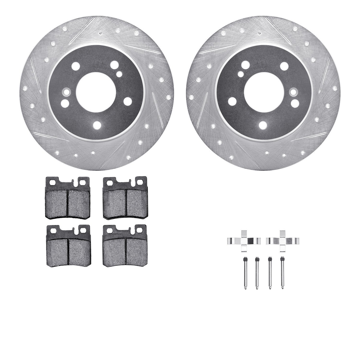 7512-63023 Drilled/Slotted Brake Rotors w/5000 Advanced Brake Pads Kit & Hardware [Silver], 1987-2000 Mercedes-Benz, Position: R