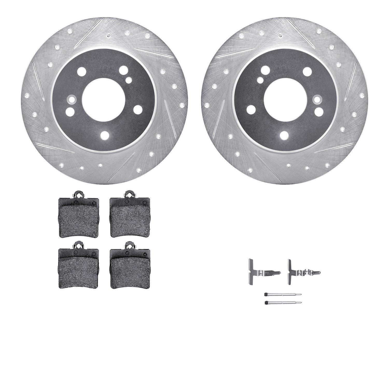 7512-63024 Drilled/Slotted Brake Rotors w/5000 Advanced Brake Pads Kit & Hardware [Silver], 1996-2015 Multiple Makes/Models, Pos