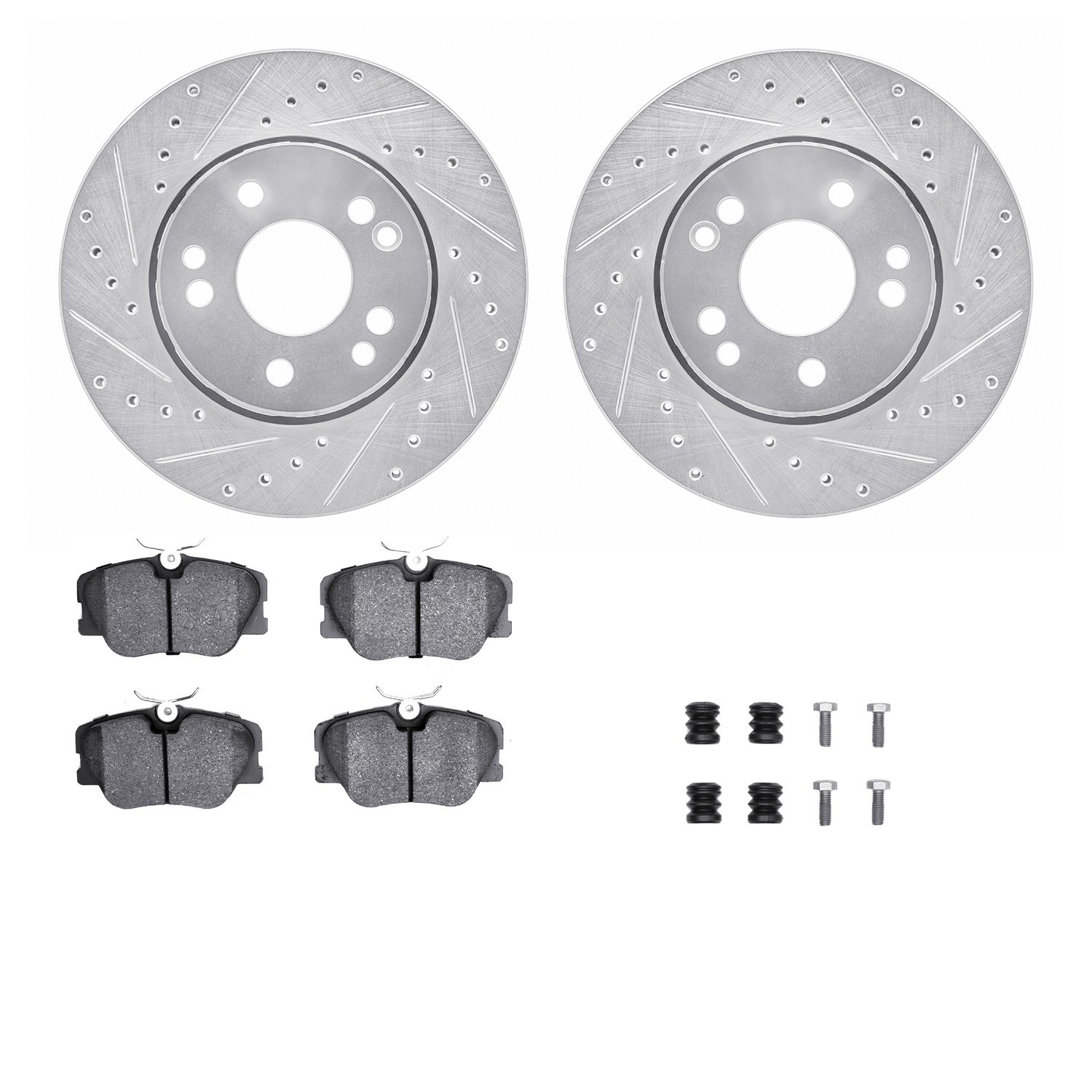 7512-63025 Drilled/Slotted Brake Rotors w/5000 Advanced Brake Pads Kit & Hardware [Silver], 1990-1992 Mercedes-Benz, Position: F