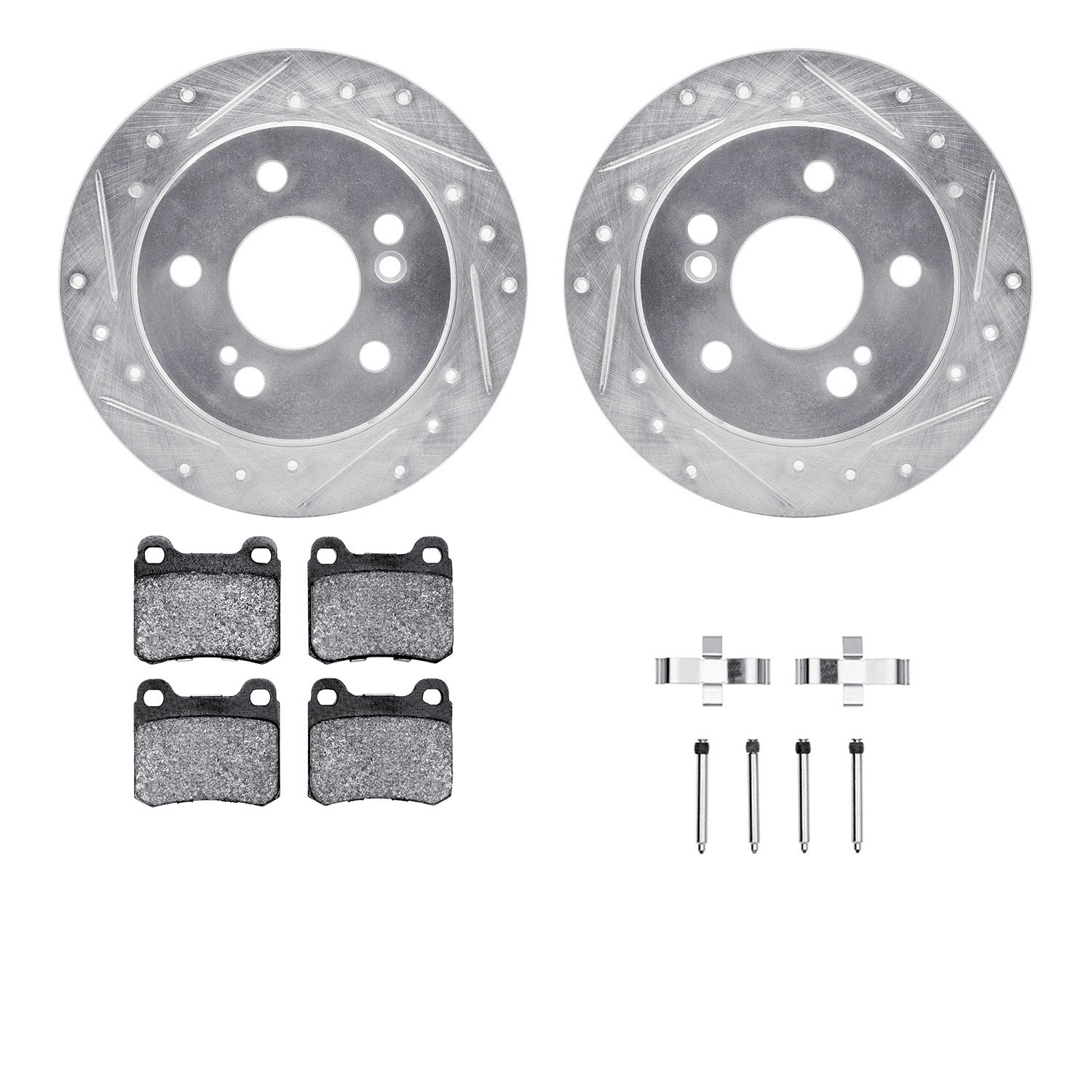 7512-63027 Drilled/Slotted Brake Rotors w/5000 Advanced Brake Pads Kit & Hardware [Silver], 1984-1989 Mercedes-Benz, Position: R