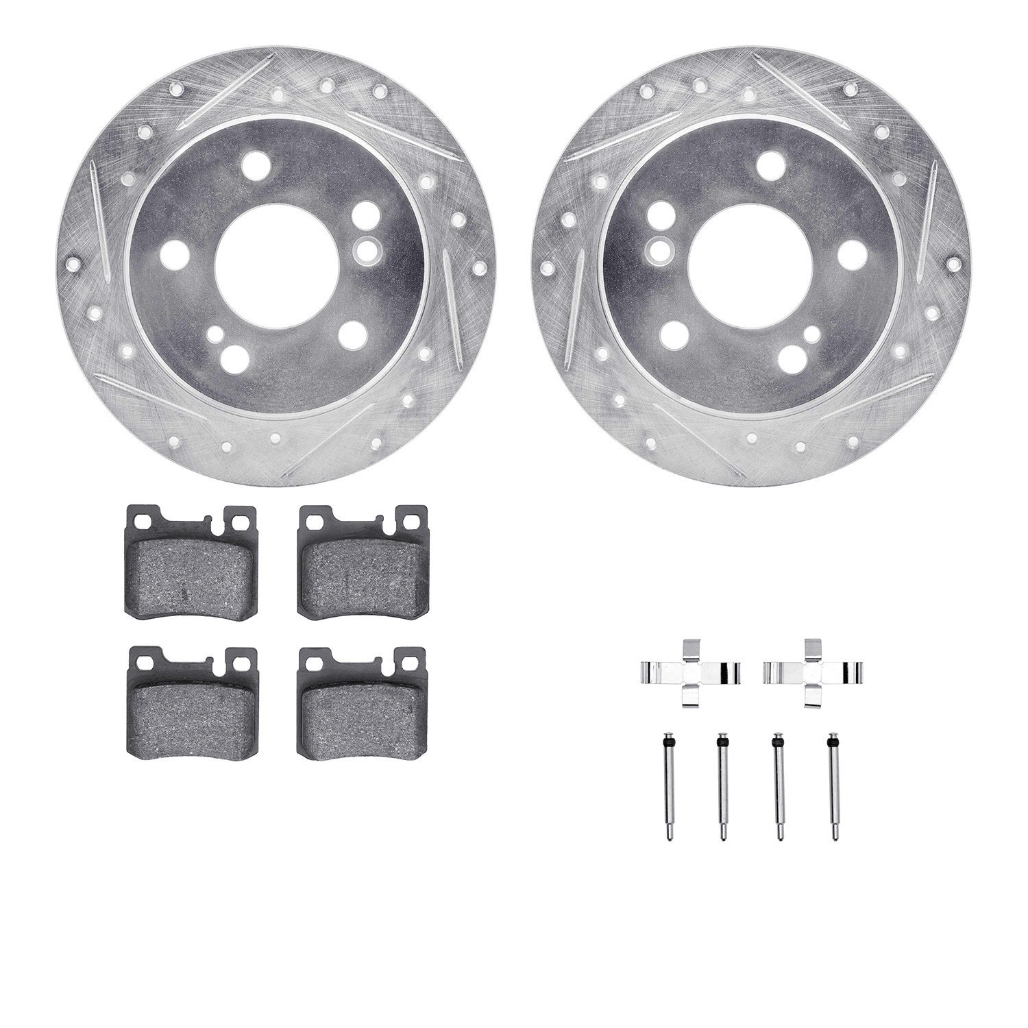 7512-63028 Drilled/Slotted Brake Rotors w/5000 Advanced Brake Pads Kit & Hardware [Silver], 1986-1993 Mercedes-Benz, Position: R