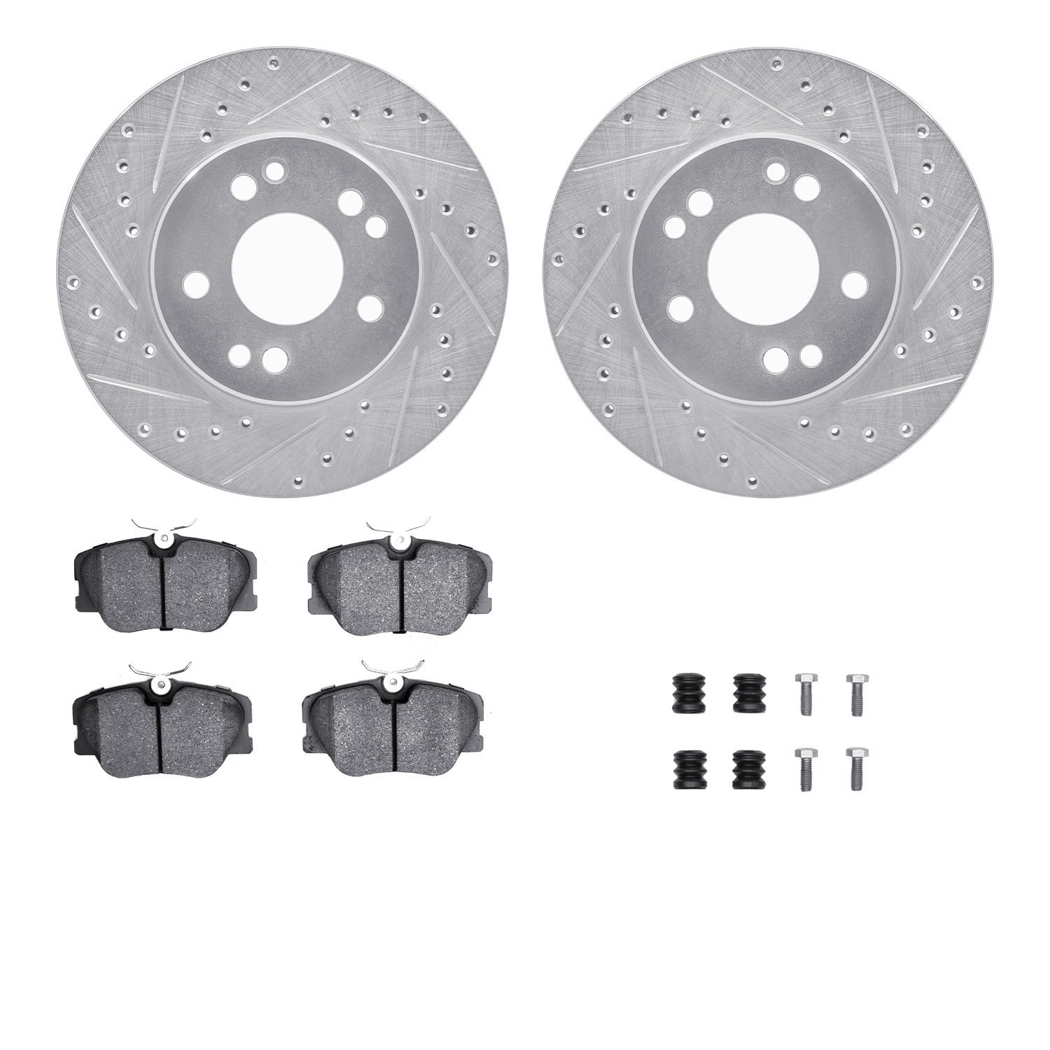 7512-63029 Drilled/Slotted Brake Rotors w/5000 Advanced Brake Pads Kit & Hardware [Silver], 1984-1995 Mercedes-Benz, Position: F
