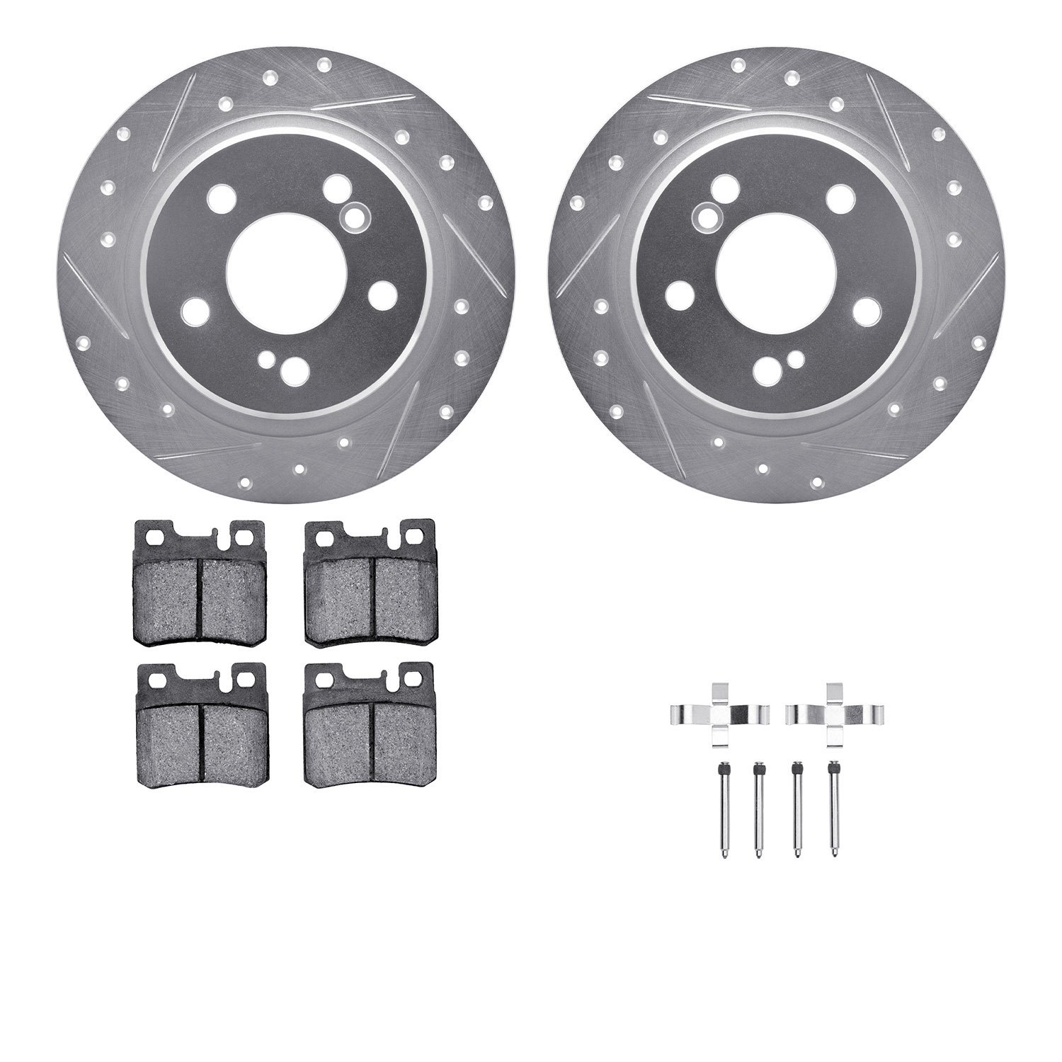 7512-63030 Drilled/Slotted Brake Rotors w/5000 Advanced Brake Pads Kit & Hardware [Silver], 1990-1995 Mercedes-Benz, Position: R