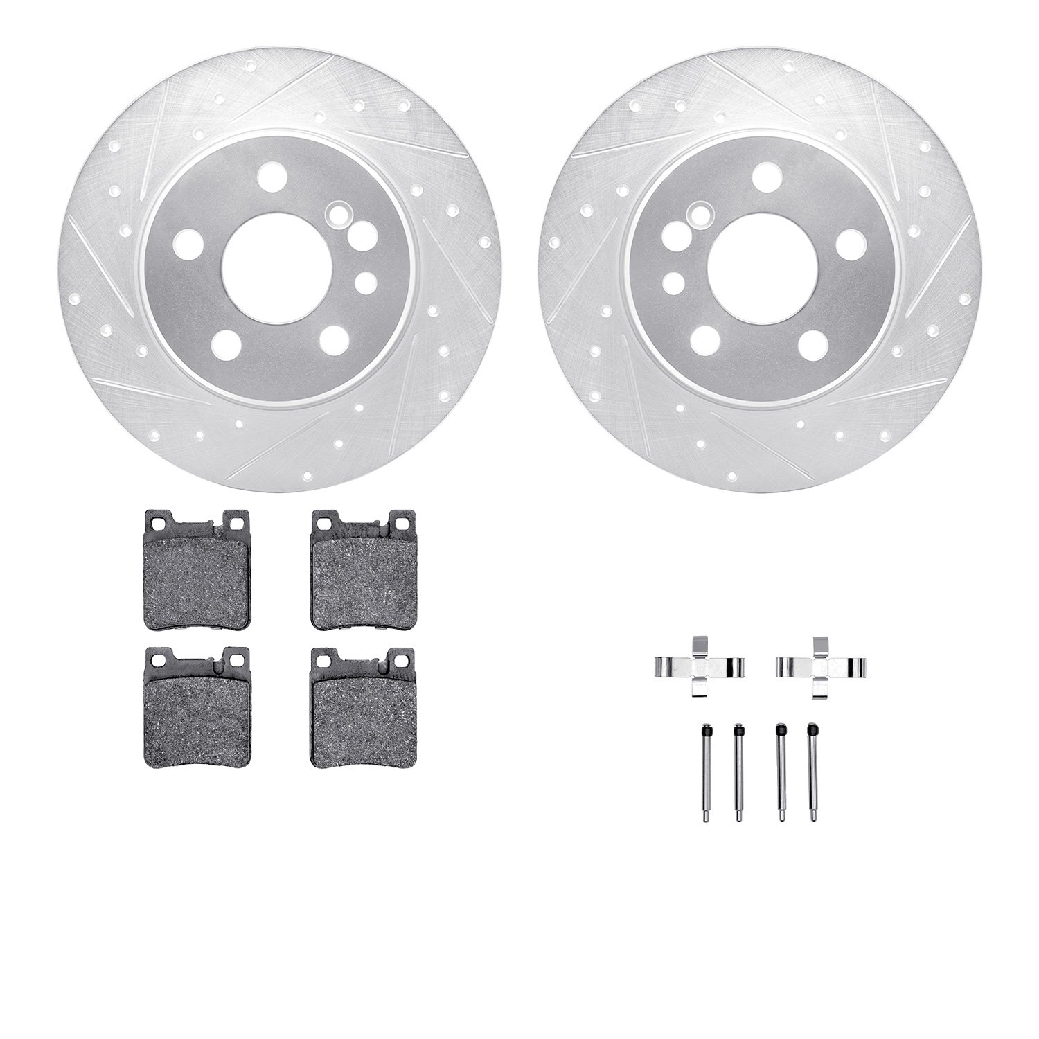 7512-63031 Drilled/Slotted Brake Rotors w/5000 Advanced Brake Pads Kit & Hardware [Silver], 1991-1999 Mercedes-Benz, Position: R