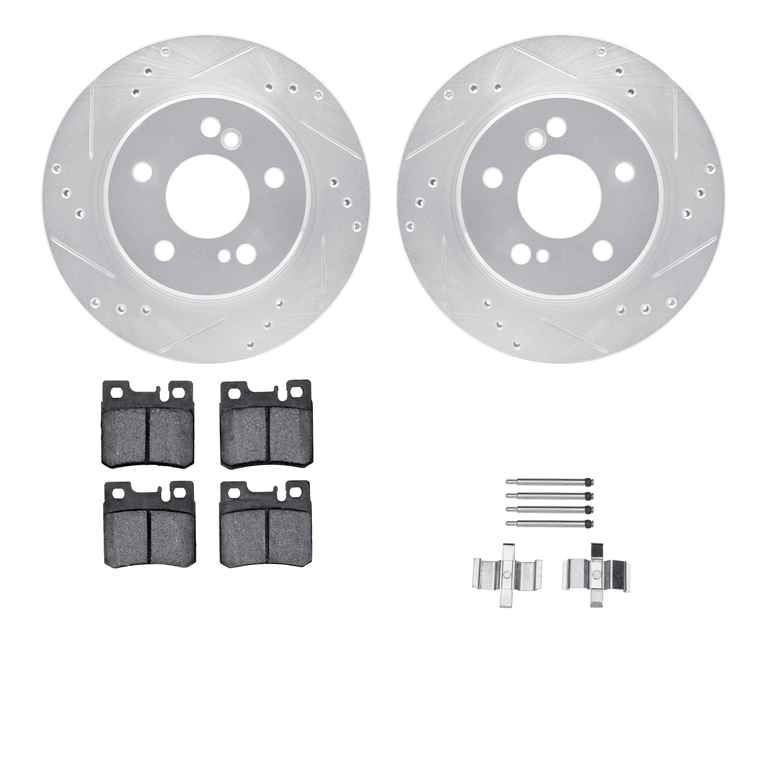 7512-63034 Drilled/Slotted Brake Rotors w/5000 Advanced Brake Pads Kit & Hardware [Silver], 1992-1995 Mercedes-Benz, Position: R