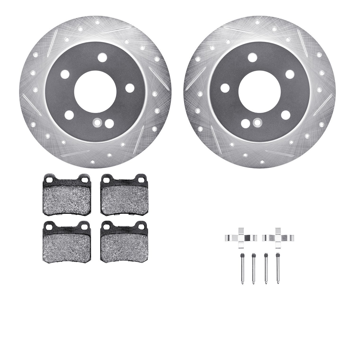 7512-63035 Drilled/Slotted Brake Rotors w/5000 Advanced Brake Pads Kit & Hardware [Silver], 1994-1995 Mercedes-Benz, Position: R