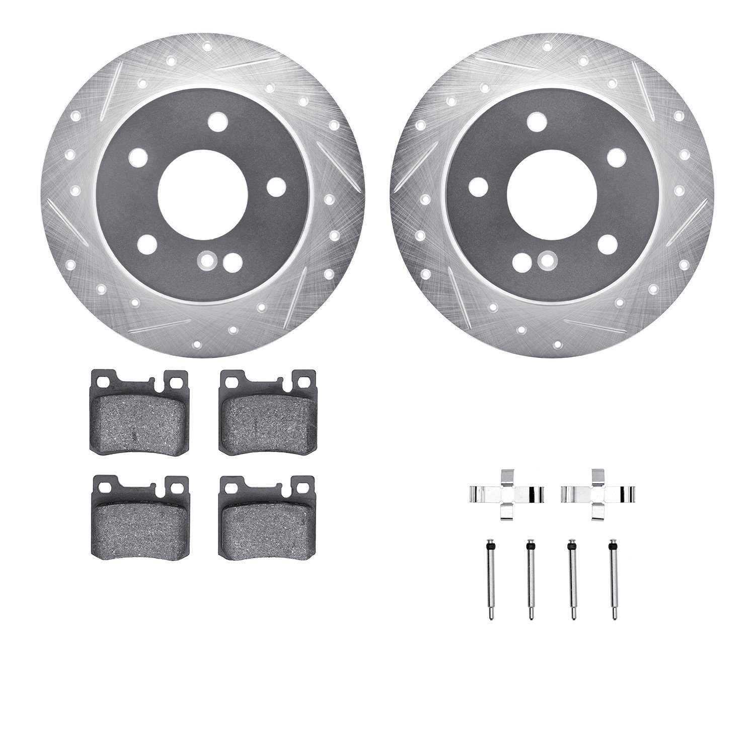 7512-63036 Drilled/Slotted Brake Rotors w/5000 Advanced Brake Pads Kit & Hardware [Silver], 1994-1995 Mercedes-Benz, Position: R