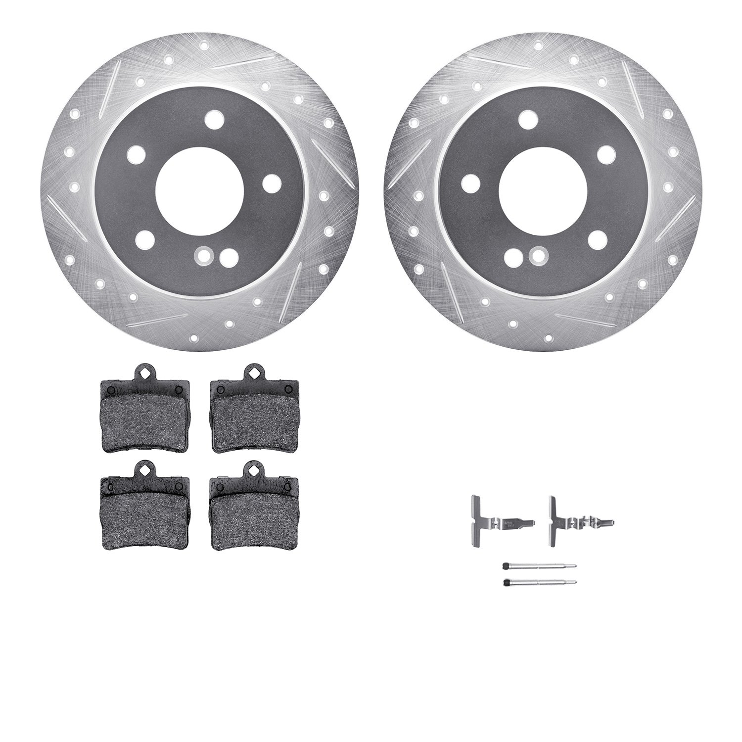 7512-63037 Drilled/Slotted Brake Rotors w/5000 Advanced Brake Pads Kit & Hardware [Silver], 1994-1998 Mercedes-Benz, Position: R