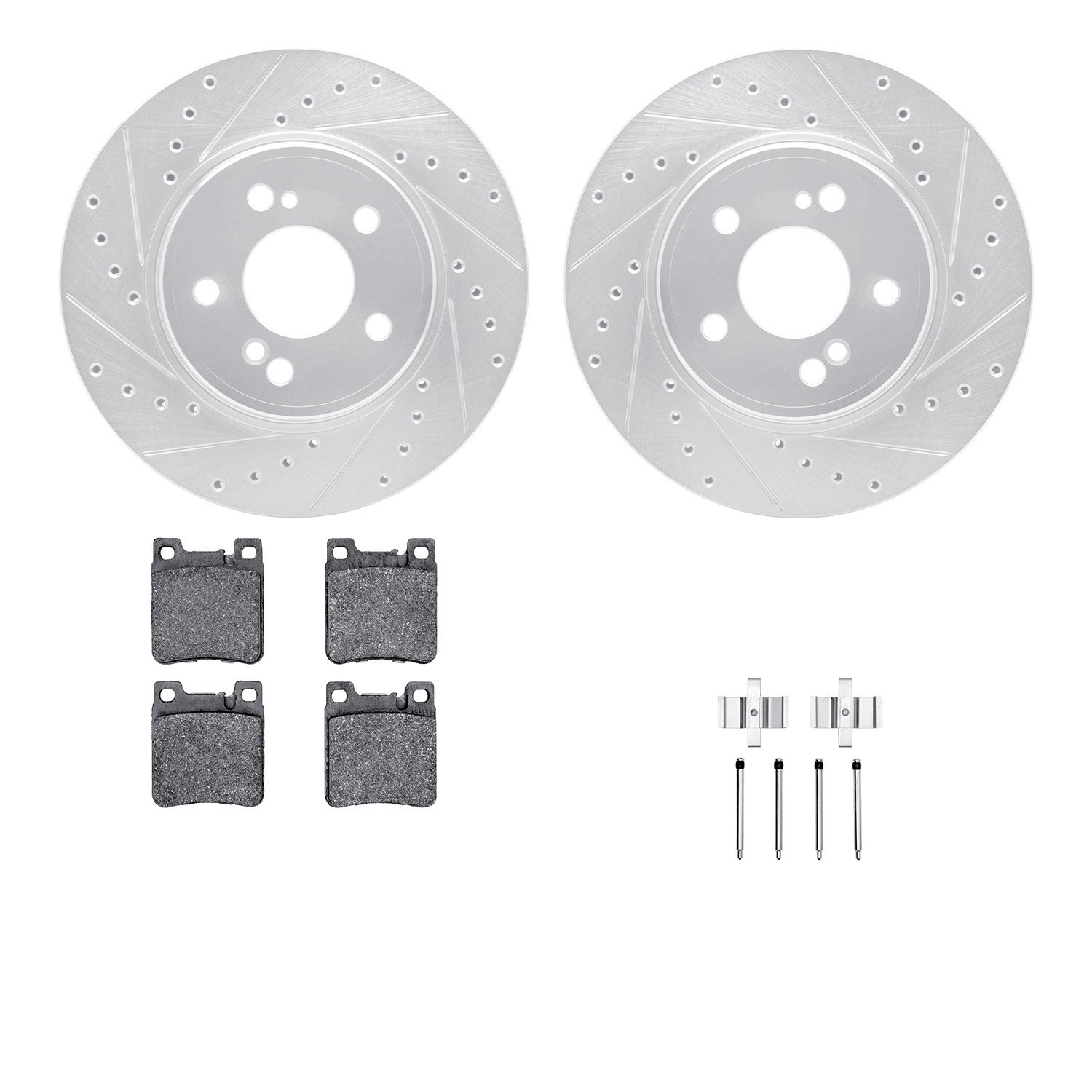 7512-63038 Drilled/Slotted Brake Rotors w/5000 Advanced Brake Pads Kit & Hardware [Silver], 1993-2002 Mercedes-Benz, Position: R