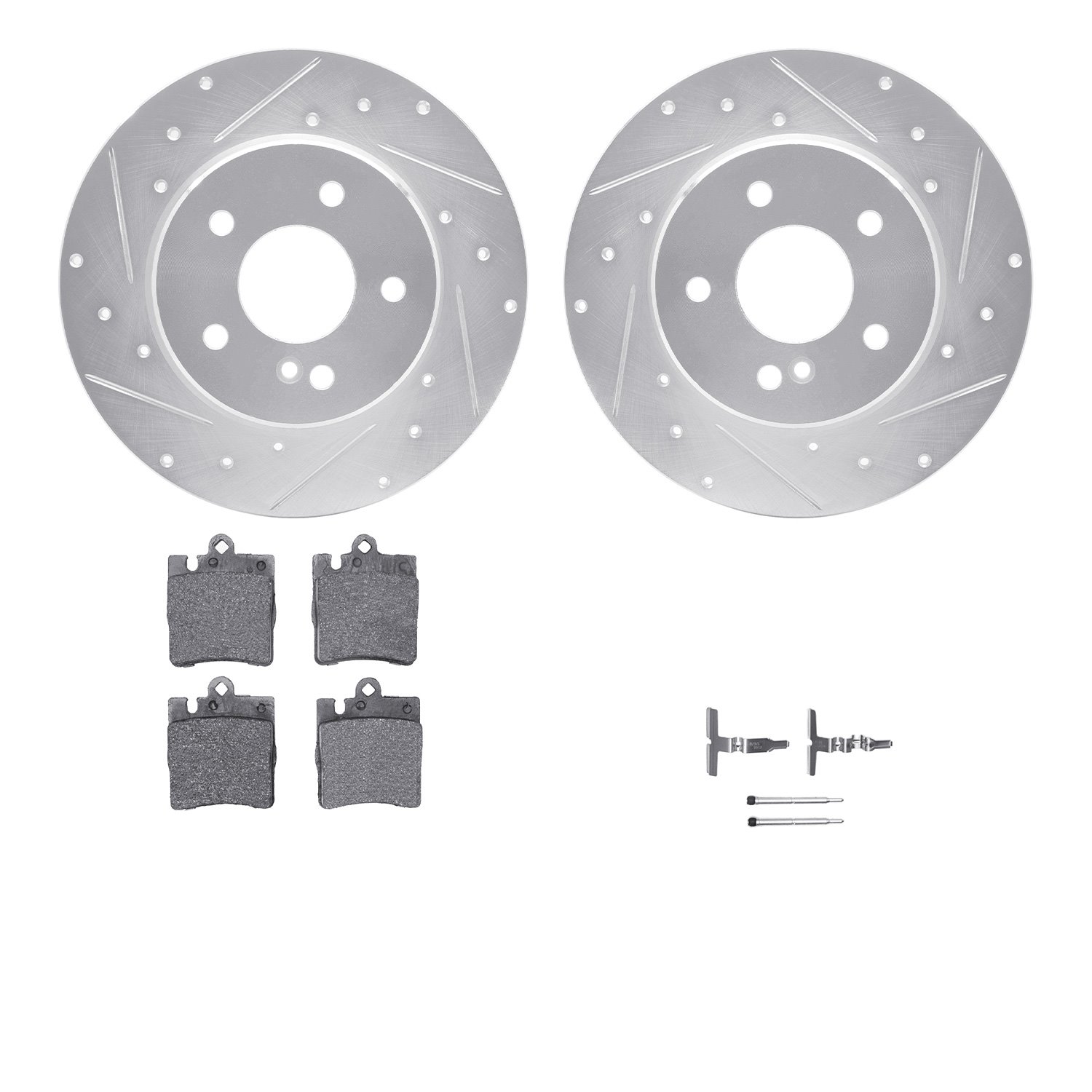 7512-63040 Drilled/Slotted Brake Rotors w/5000 Advanced Brake Pads Kit & Hardware [Silver], 1996-2011 Mercedes-Benz, Position: R
