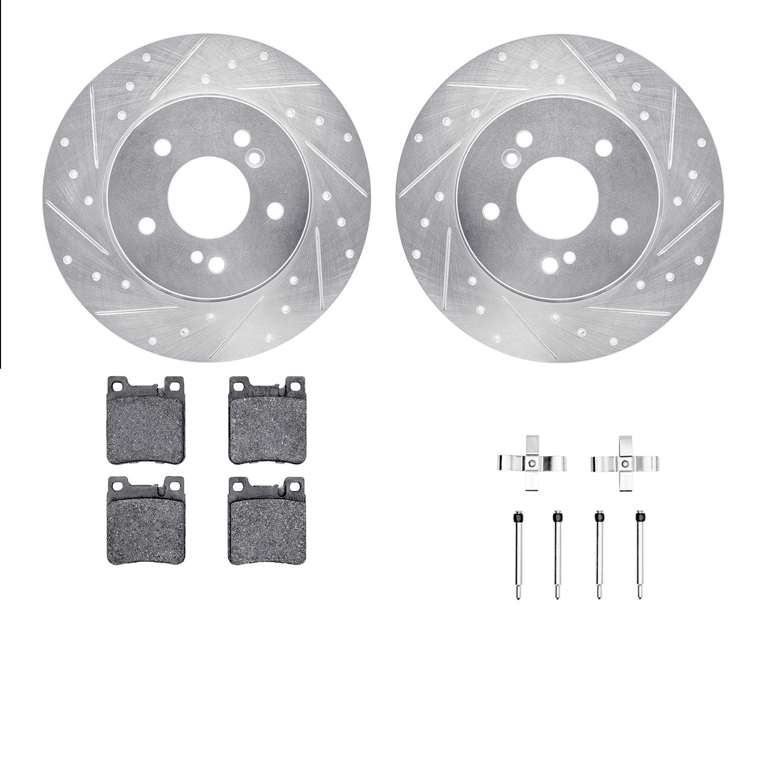 7512-63041 Drilled/Slotted Brake Rotors w/5000 Advanced Brake Pads Kit & Hardware [Silver], 1996-1998 Mercedes-Benz, Position: R