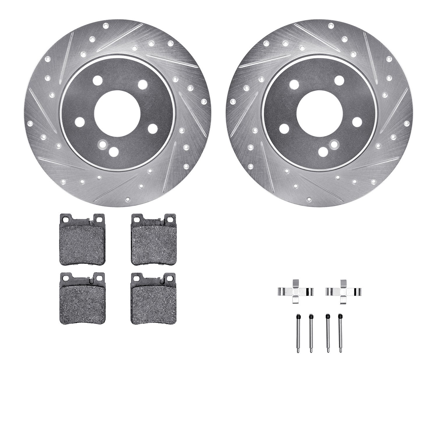 7512-63043 Drilled/Slotted Brake Rotors w/5000 Advanced Brake Pads Kit & Hardware [Silver], 1998-2003 Mercedes-Benz, Position: R