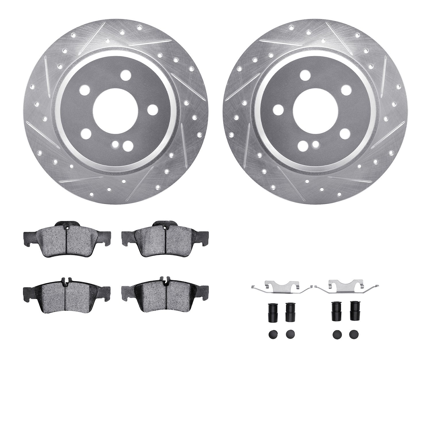 7512-63048 Drilled/Slotted Brake Rotors w/5000 Advanced Brake Pads Kit & Hardware [Silver], 2014-2016 Mercedes-Benz, Position: R