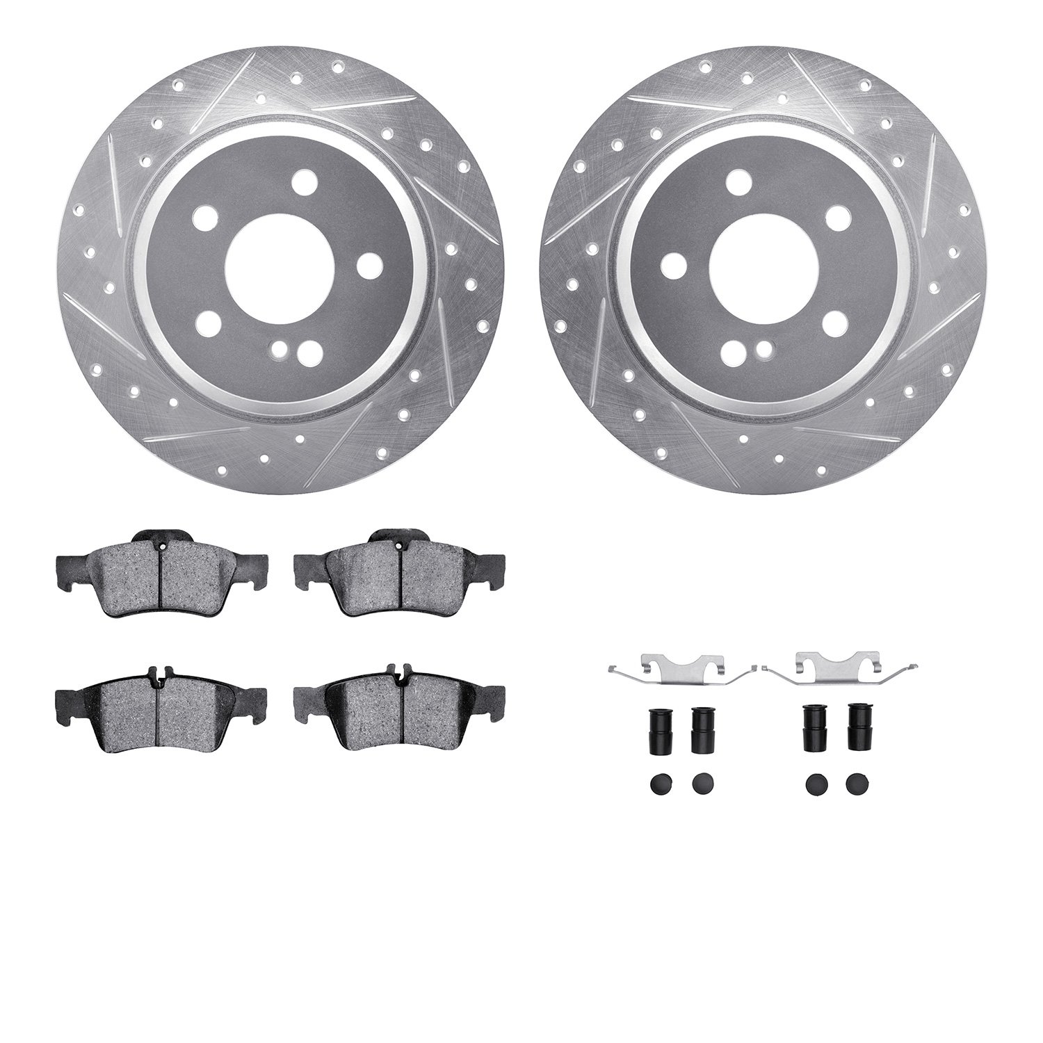 7512-63049 Drilled/Slotted Brake Rotors w/5000 Advanced Brake Pads Kit & Hardware [Silver], 2003-2009 Mercedes-Benz, Position: R