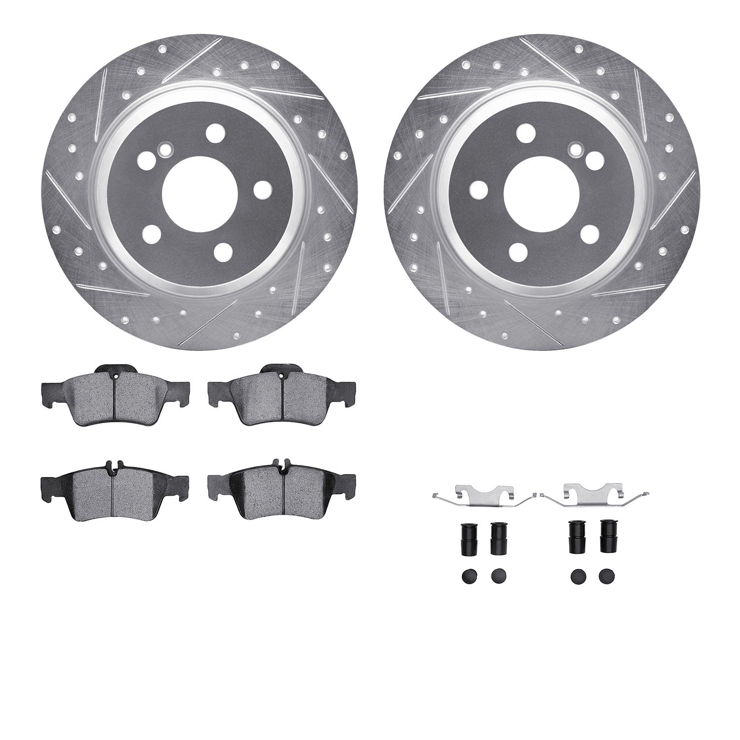 7512-63054 Drilled/Slotted Brake Rotors w/5000 Advanced Brake Pads Kit & Hardware [Silver], 2009-2013 Mercedes-Benz, Position: R