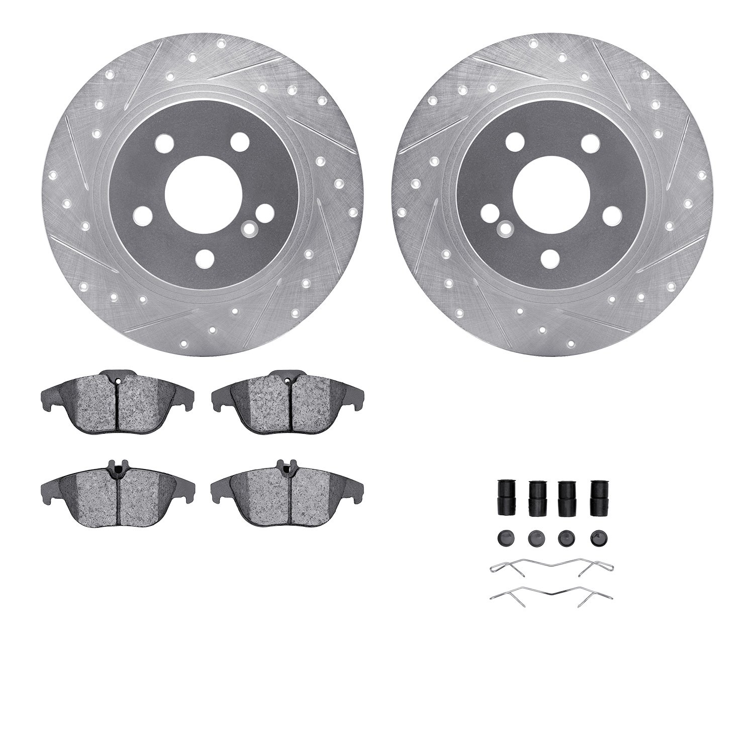 7512-63056 Drilled/Slotted Brake Rotors w/5000 Advanced Brake Pads Kit & Hardware [Silver], 2010-2015 Mercedes-Benz, Position: R