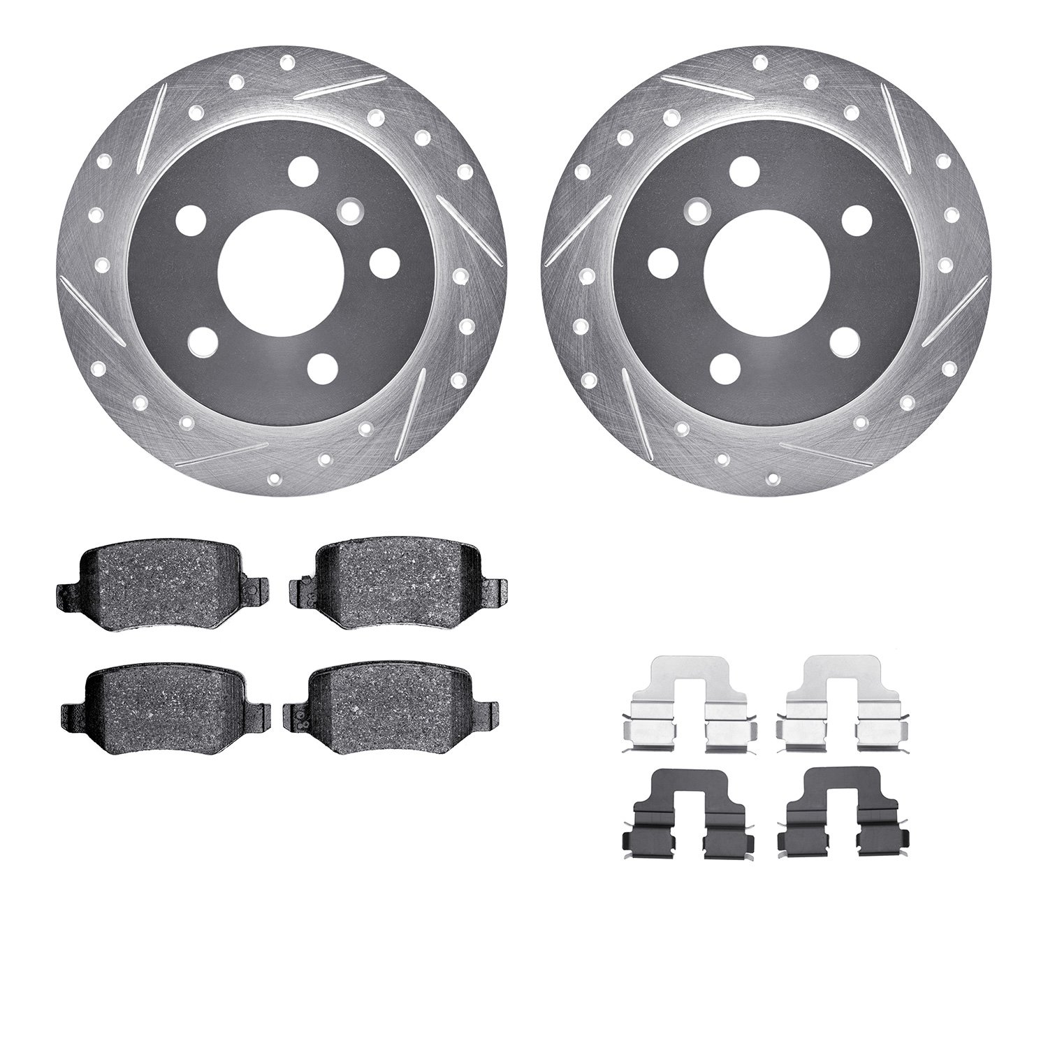 7512-63058 Drilled/Slotted Brake Rotors w/5000 Advanced Brake Pads Kit & Hardware [Silver], 2006-2011 Mercedes-Benz, Position: R