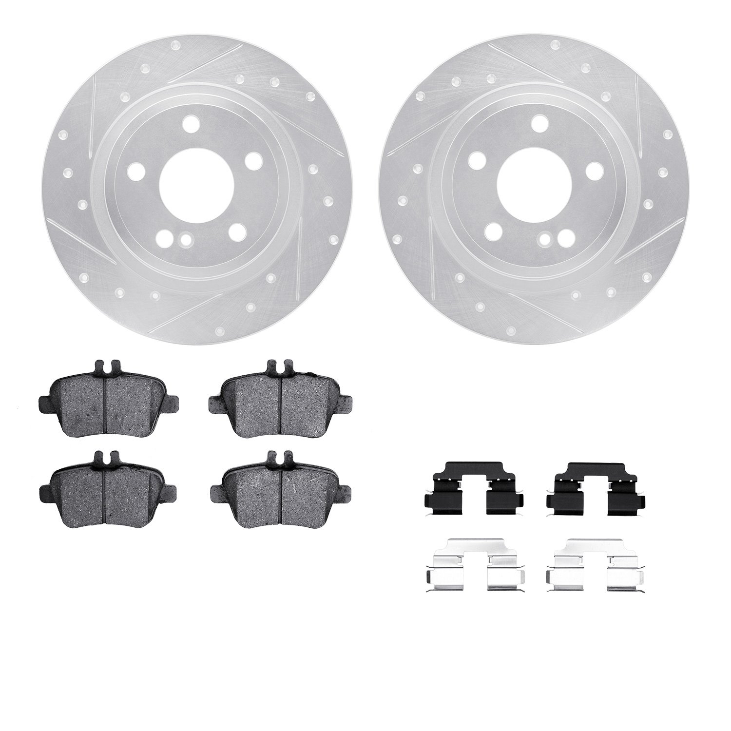 7512-63063 Drilled/Slotted Brake Rotors w/5000 Advanced Brake Pads Kit & Hardware [Silver], 2015-2020 Multiple Makes/Models, Pos