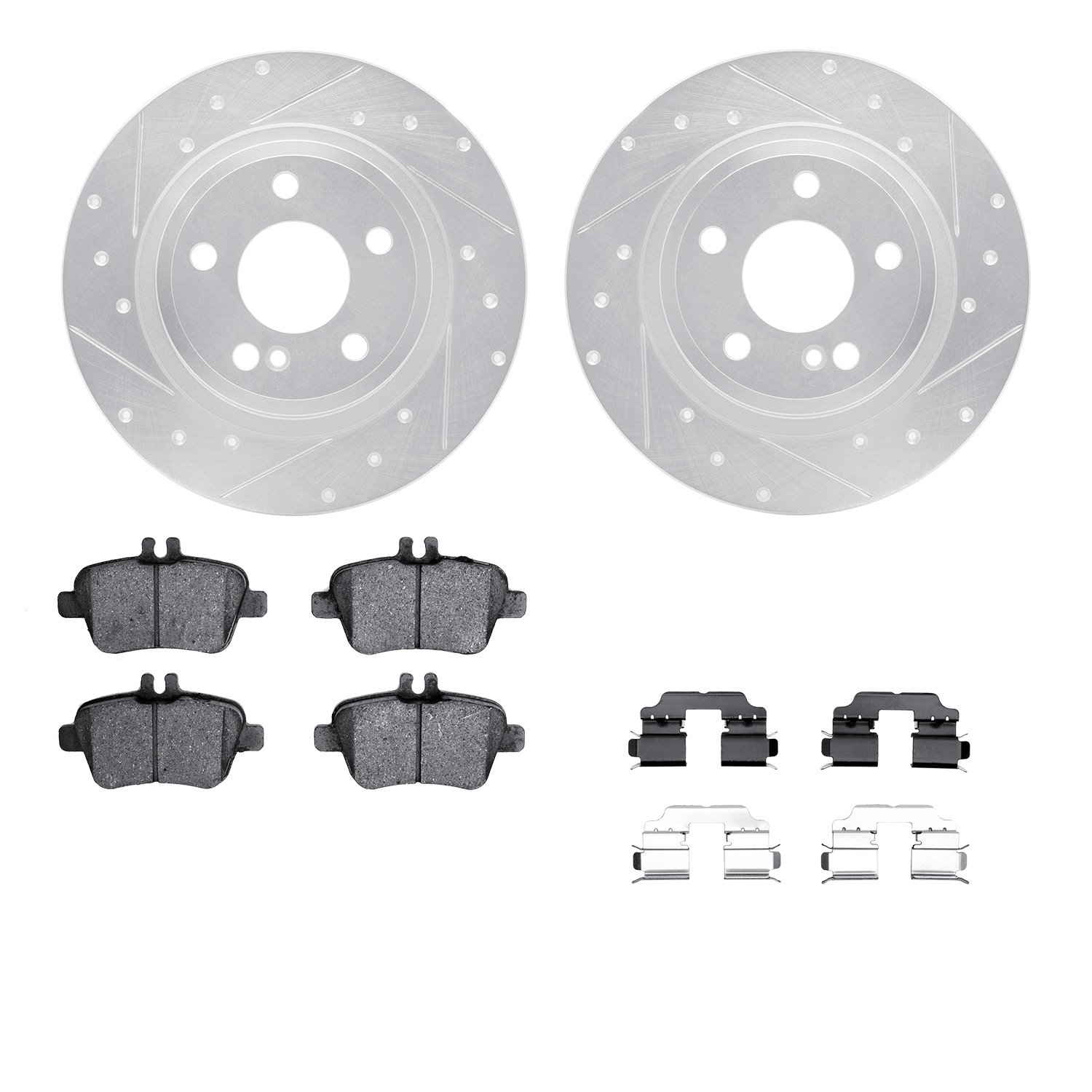 7512-63064 Drilled/Slotted Brake Rotors w/5000 Advanced Brake Pads Kit & Hardware [Silver], 2014-2019 Mercedes-Benz, Position: R