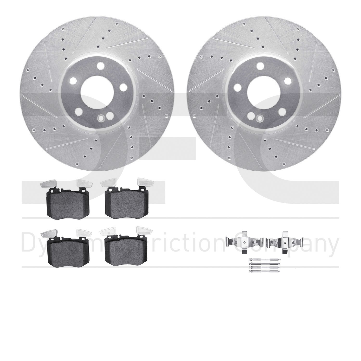 7512-63071 Drilled/Slotted Brake Rotors w/5000 Advanced Brake Pads Kit & Hardware [Silver], Fits Select Mercedes-Benz, Position: