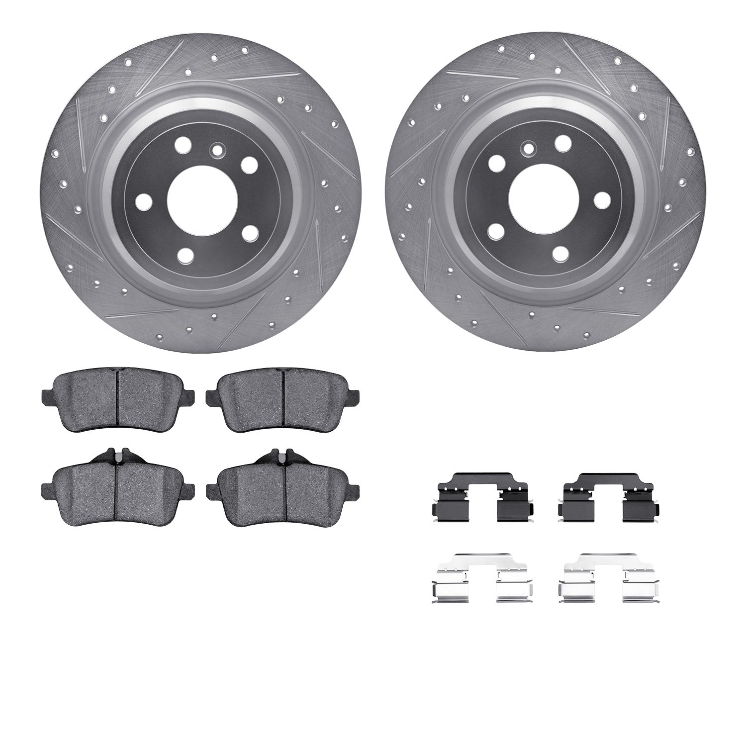 7512-63074 Drilled/Slotted Brake Rotors w/5000 Advanced Brake Pads Kit & Hardware [Silver], 2012-2018 Mercedes-Benz, Position: R
