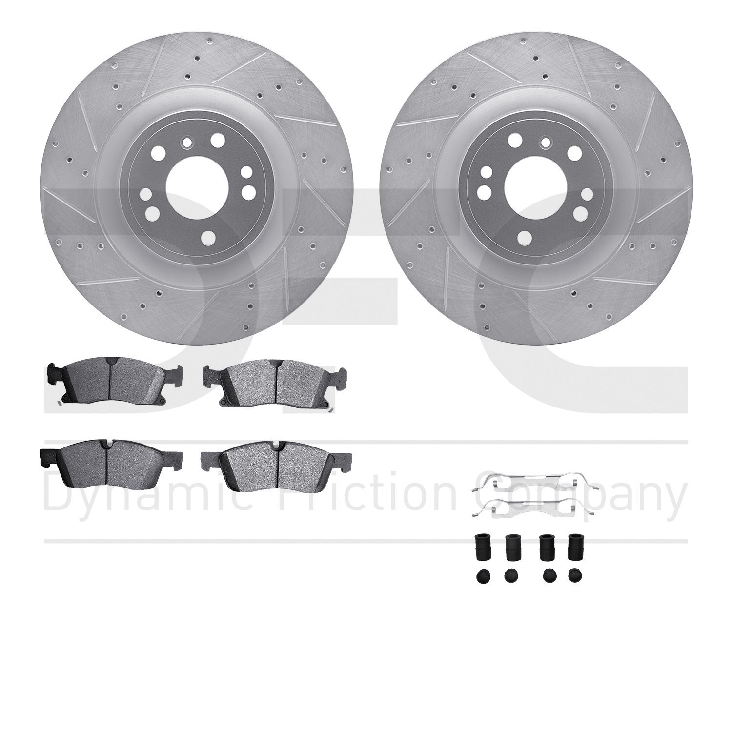 7512-63076 Drilled/Slotted Brake Rotors w/5000 Advanced Brake Pads Kit & Hardware [Silver], 2013-2016 Mercedes-Benz, Position: F