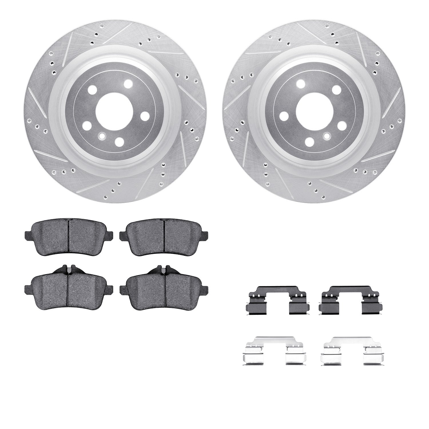 7512-63077 Drilled/Slotted Brake Rotors w/5000 Advanced Brake Pads Kit & Hardware [Silver], 2013-2019 Mercedes-Benz, Position: R